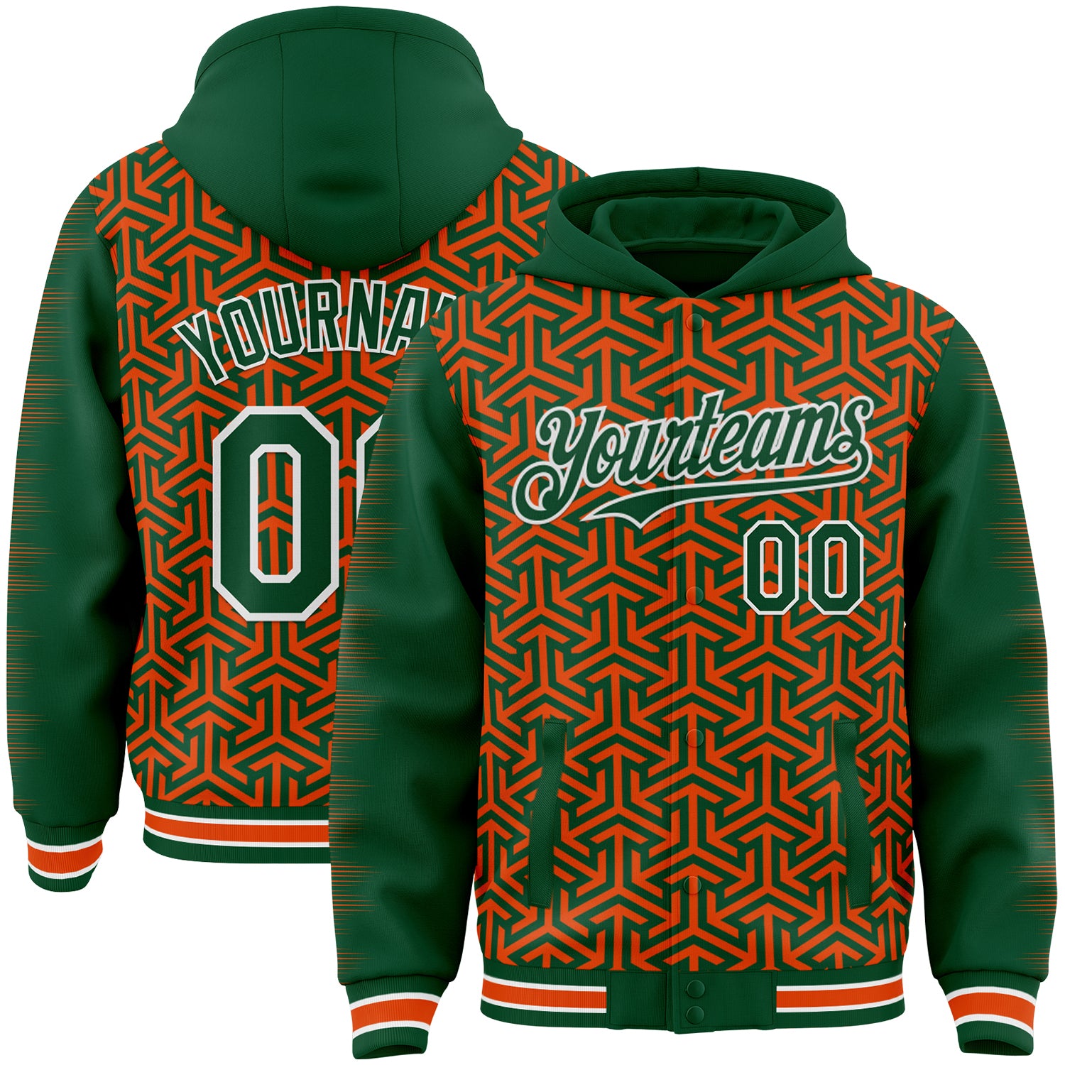 FansIdea Custom Kelly Green Orange-White Geometric Arrow Bomber Full-Snap Varsity Letterman Hoodie Jacket - $38.99 at Proof Eyewear
