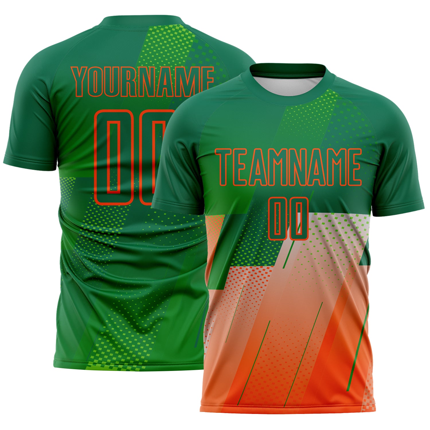 FansIdea Custom Kelly Green-Orange Geometric Diagonal Block Halftone Grid Sublimation Soccer Uniform Jersey - $16.99 at Proof Eyewear