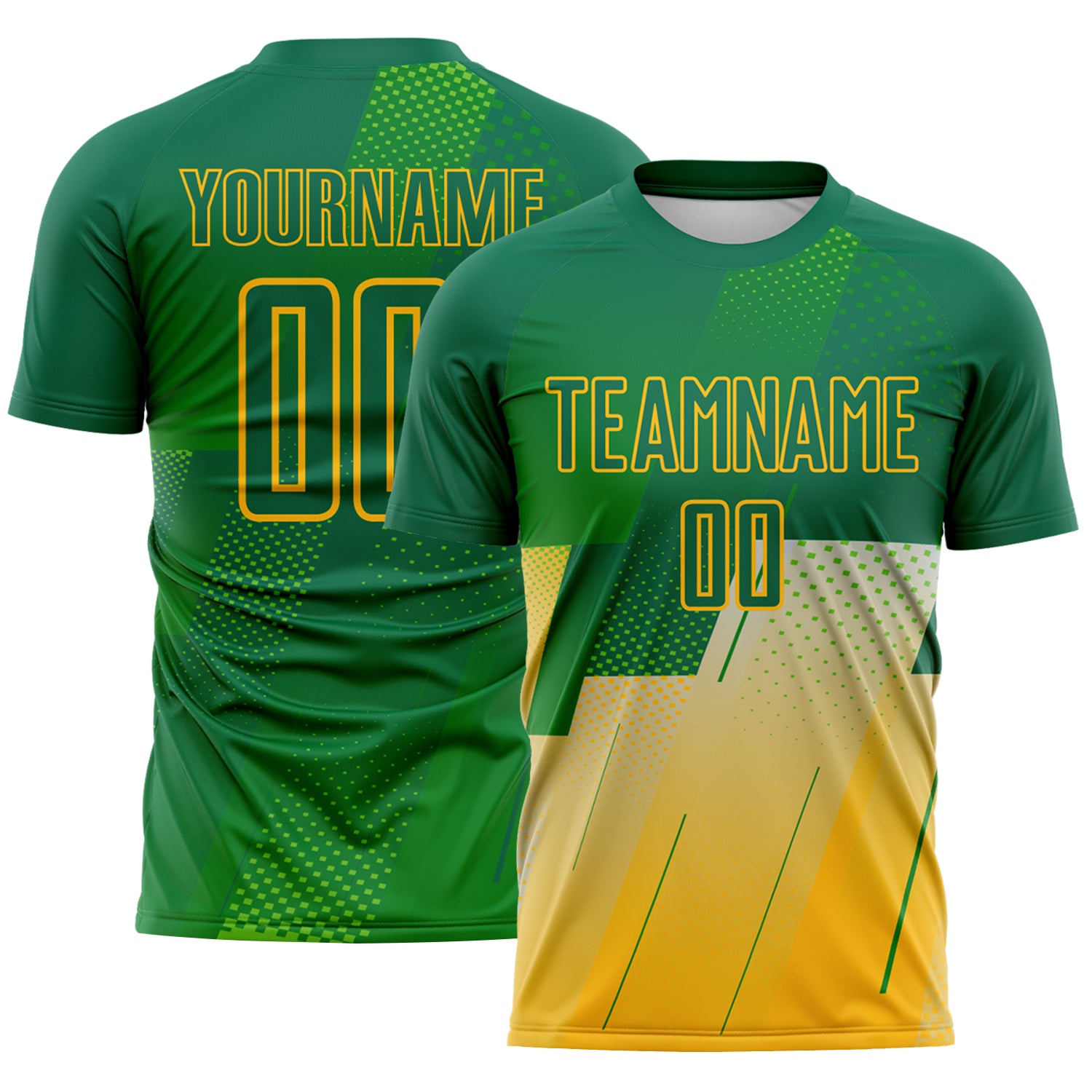 FansIdea Custom Kelly Green-Gold Geometric Diagonal Block Halftone Grid Sublimation Soccer Uniform Jersey - $16.99 at Proof Eyewear
