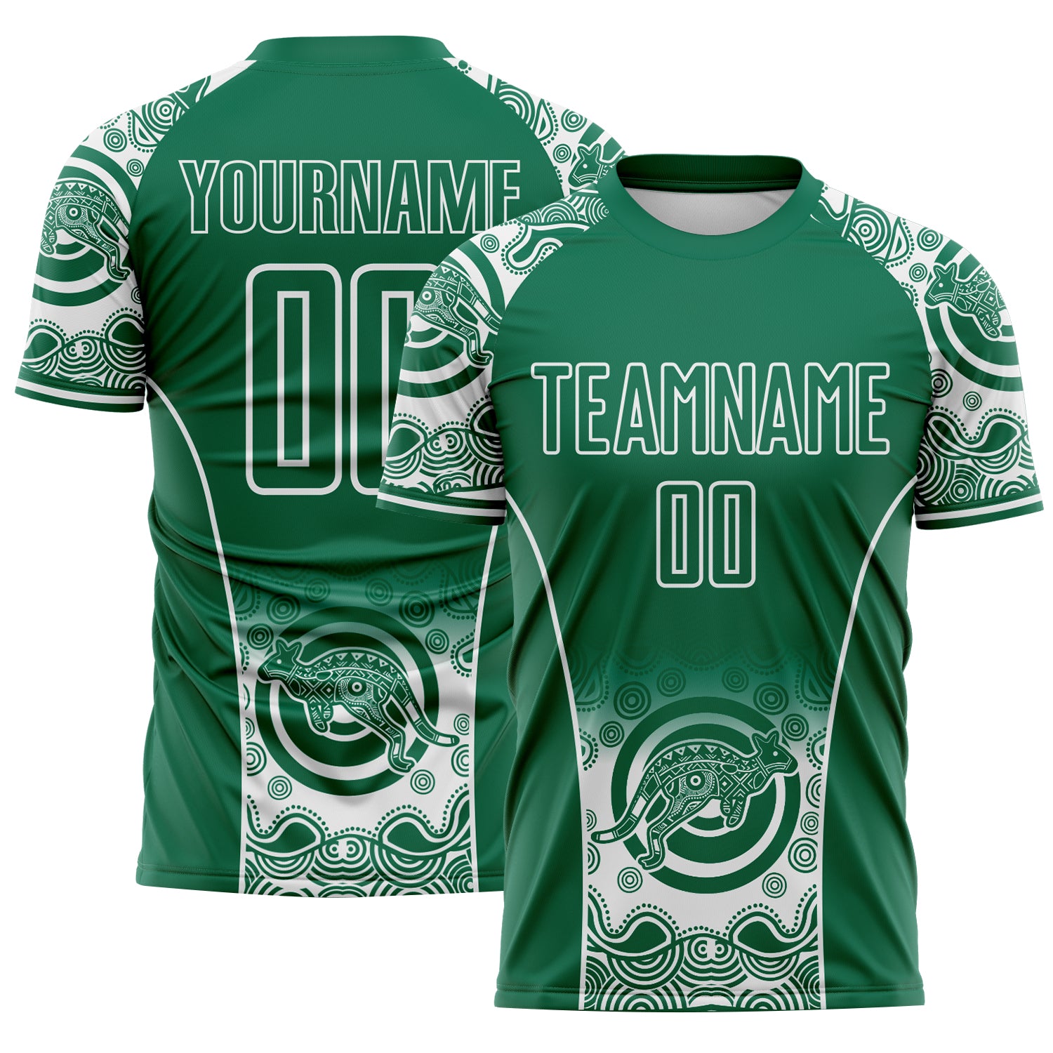 FansIdea Custom Kelly Green-White Australia Kangaroo Aboriginal Dot Art Australia Kangaroo Sublimation Soccer Uniform Jersey - $16.99 at Proof Eyewear