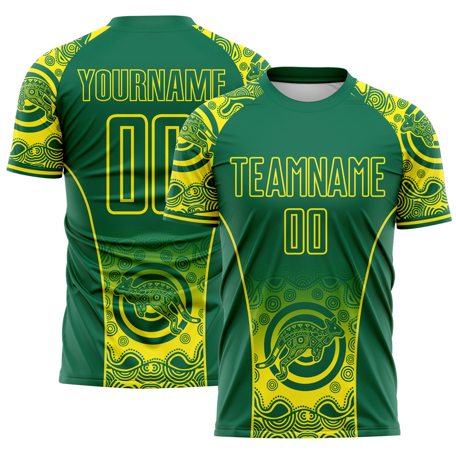 FansIdea Custom Kelly Green-Light Yellow Australia Kangaroo Aboriginal Dot Art Australia Kangaroo Sublimation Soccer Uniform Jersey - $16.99 at Proof Eyewear