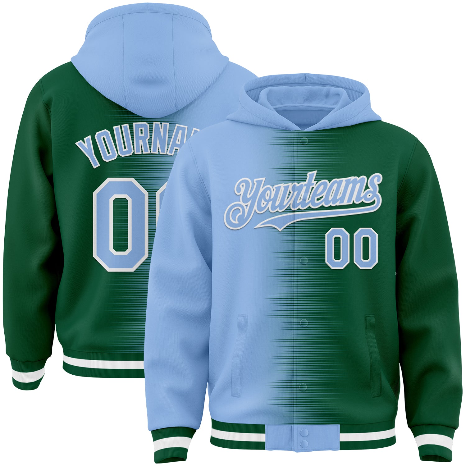 FansIdea Custom Light Blue Kelly Green-White Gradient Line Bomber Full-Snap Varsity Letterman Hoodie Jacket - $38.99 at Proof Eyewear