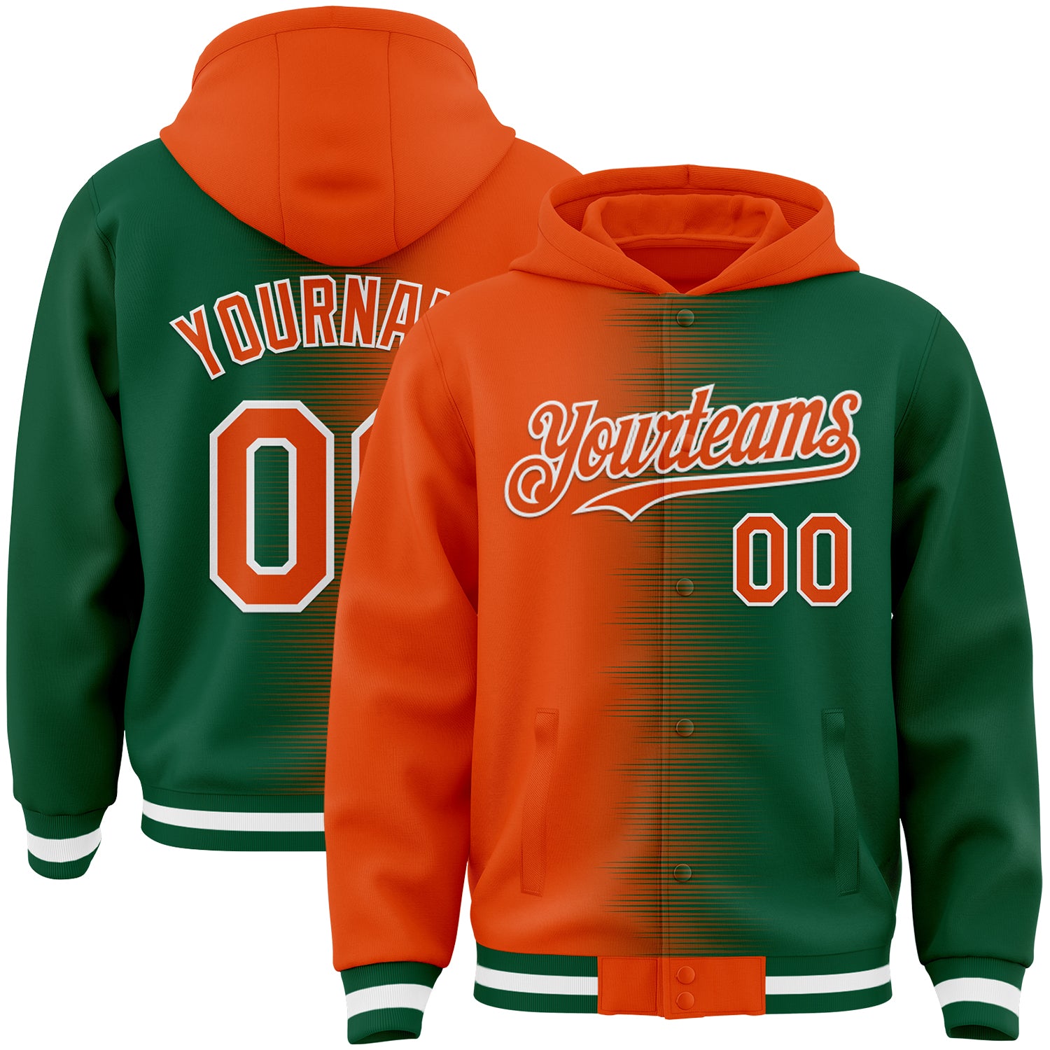 FansIdea Custom Orange Kelly Green-White Gradient Line Bomber Full-Snap Varsity Letterman Hoodie Jacket - $38.99 at Proof Eyewear