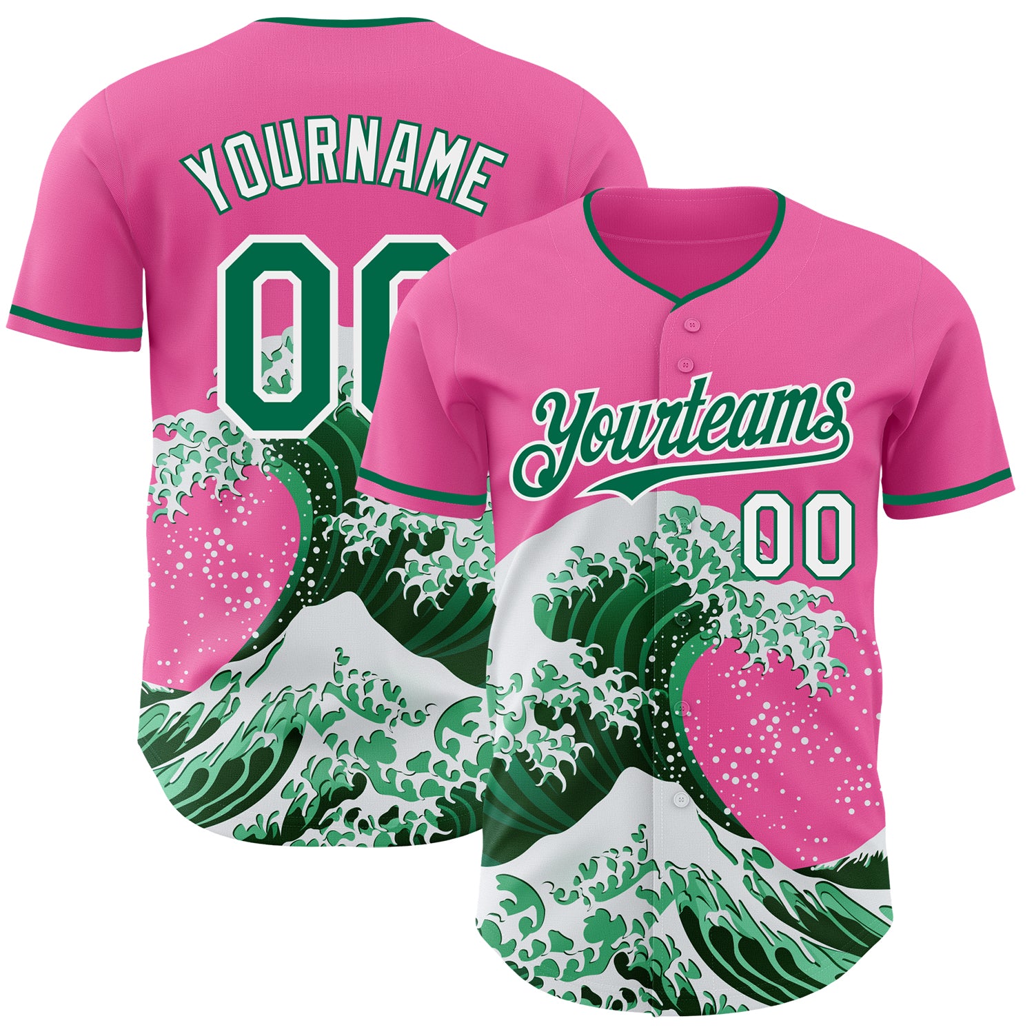 FansIdea Custom Pink Kelly Green-White Japanese Wave Authentic Baseball Jersey - $29.99 at Proof Eyewear
