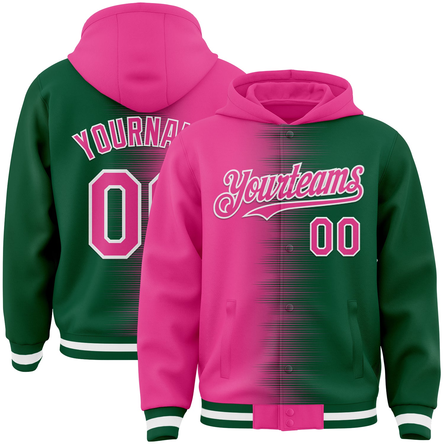 FansIdea Custom Pink Kelly Green-White Gradient Line Bomber Full-Snap Varsity Letterman Hoodie Jacket - $38.99 at Proof Eyewear
