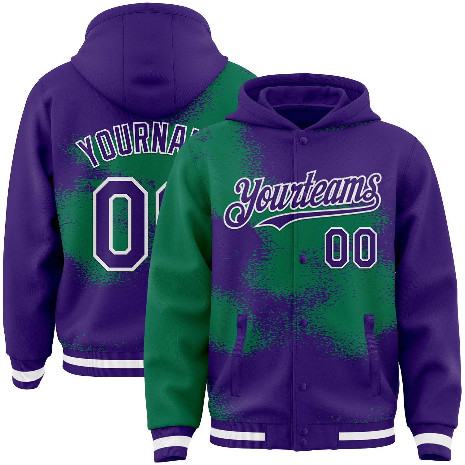 FansIdea Custom Purple Kelly Green-White Abstract Color Blocks Fragment Pattern Bomber Full-Snap Varsity Letterman Hoodie Jacket - $38.99 at Proof Eyewear