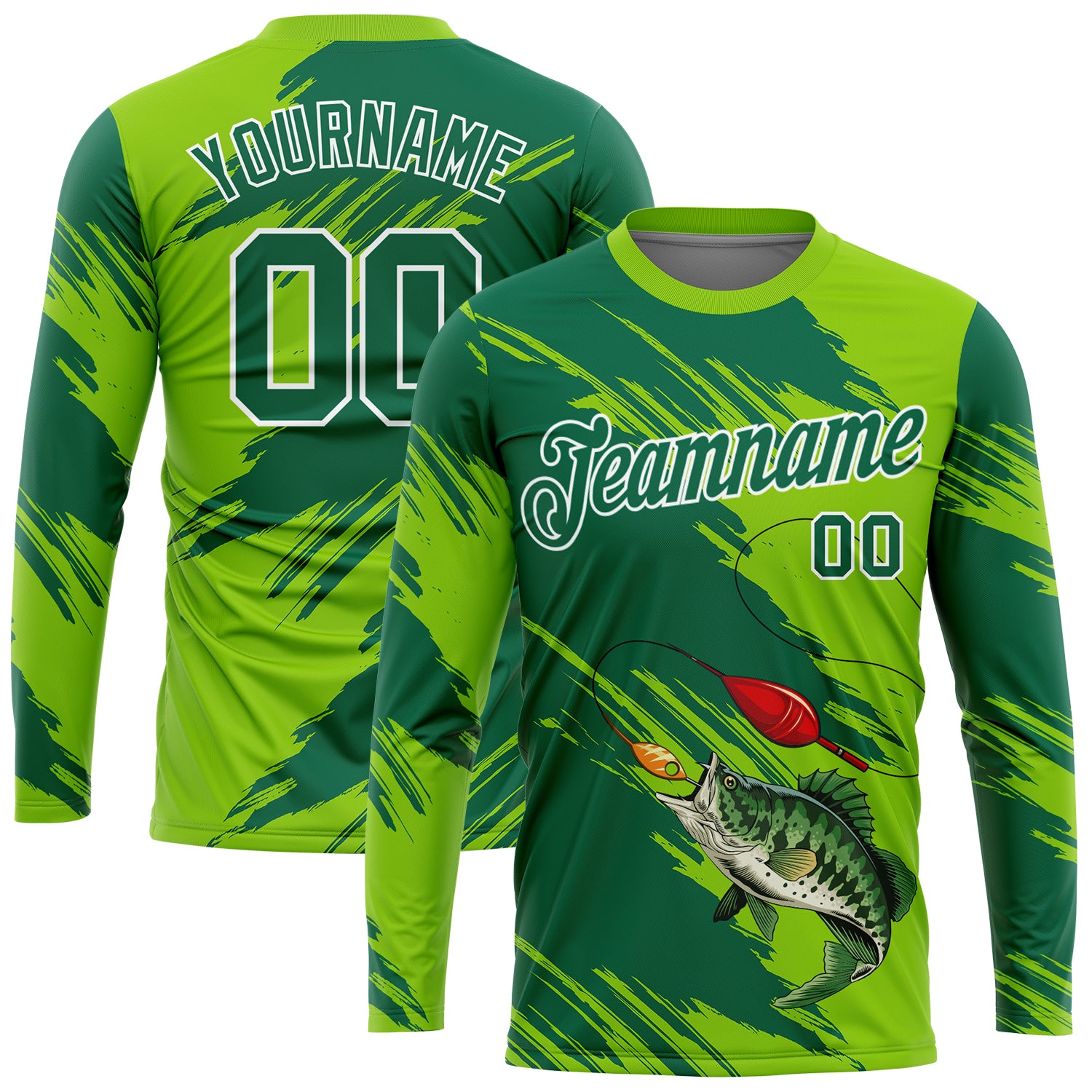 FansIdea Custom Neon Green Kelly Green-White Fishing Bass Fish Long Sleeve Performance T-Shirt - $16.99 at Proof Eyewear