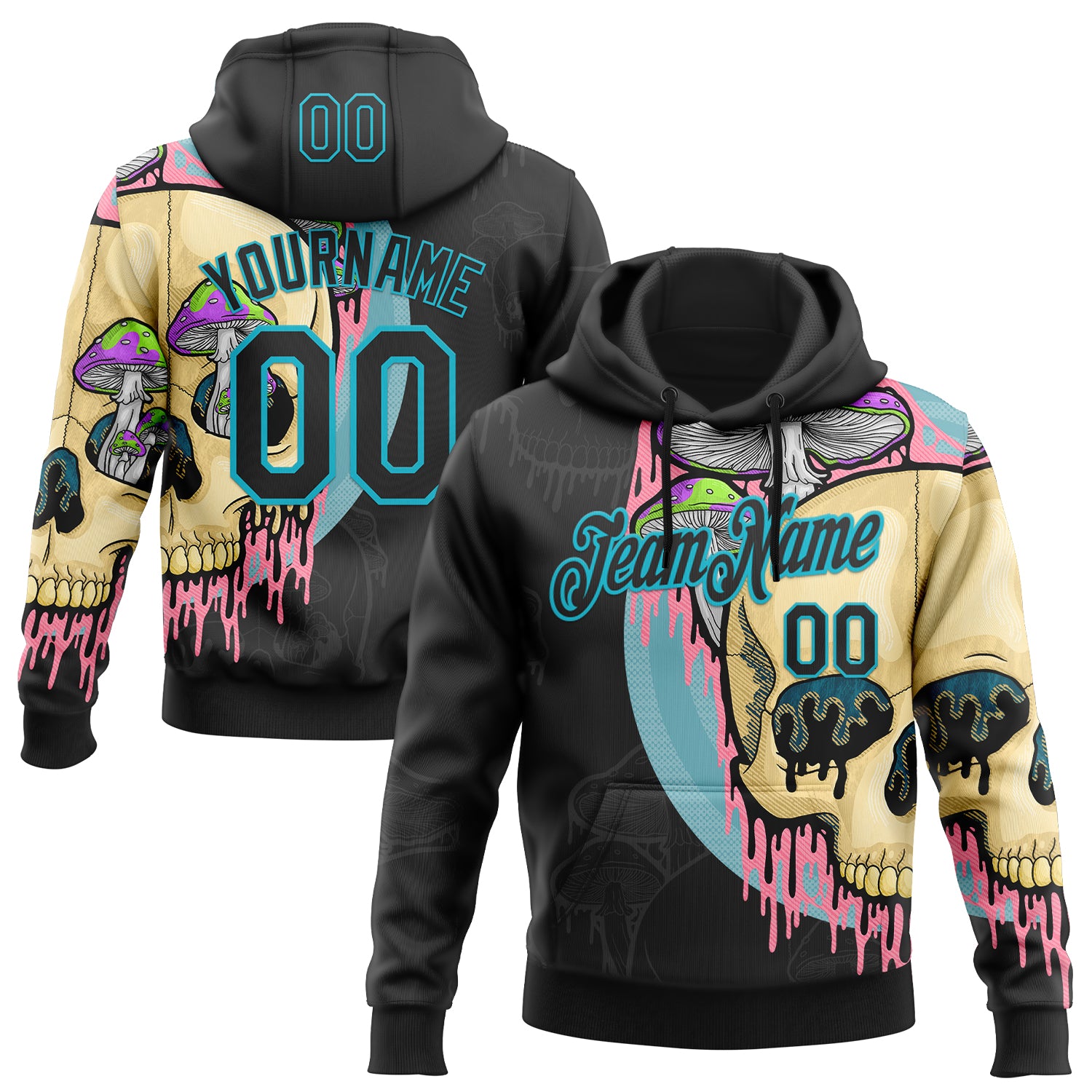 Custom Stitched Black Black-Lakes Blue 3D Illymakes Drippy Mushroom Skull Sports Pullover Sweatshirt Hoodie