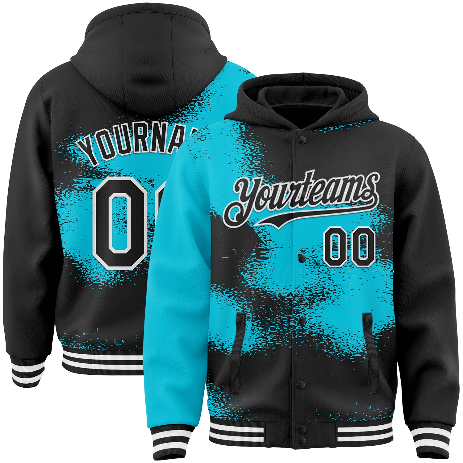 FansIdea Custom Black Lakes Blue-White Abstract Color Blocks Fragment Pattern Bomber Full-Snap Varsity Letterman Hoodie Jacket - $38.99 at Proof Eyewear