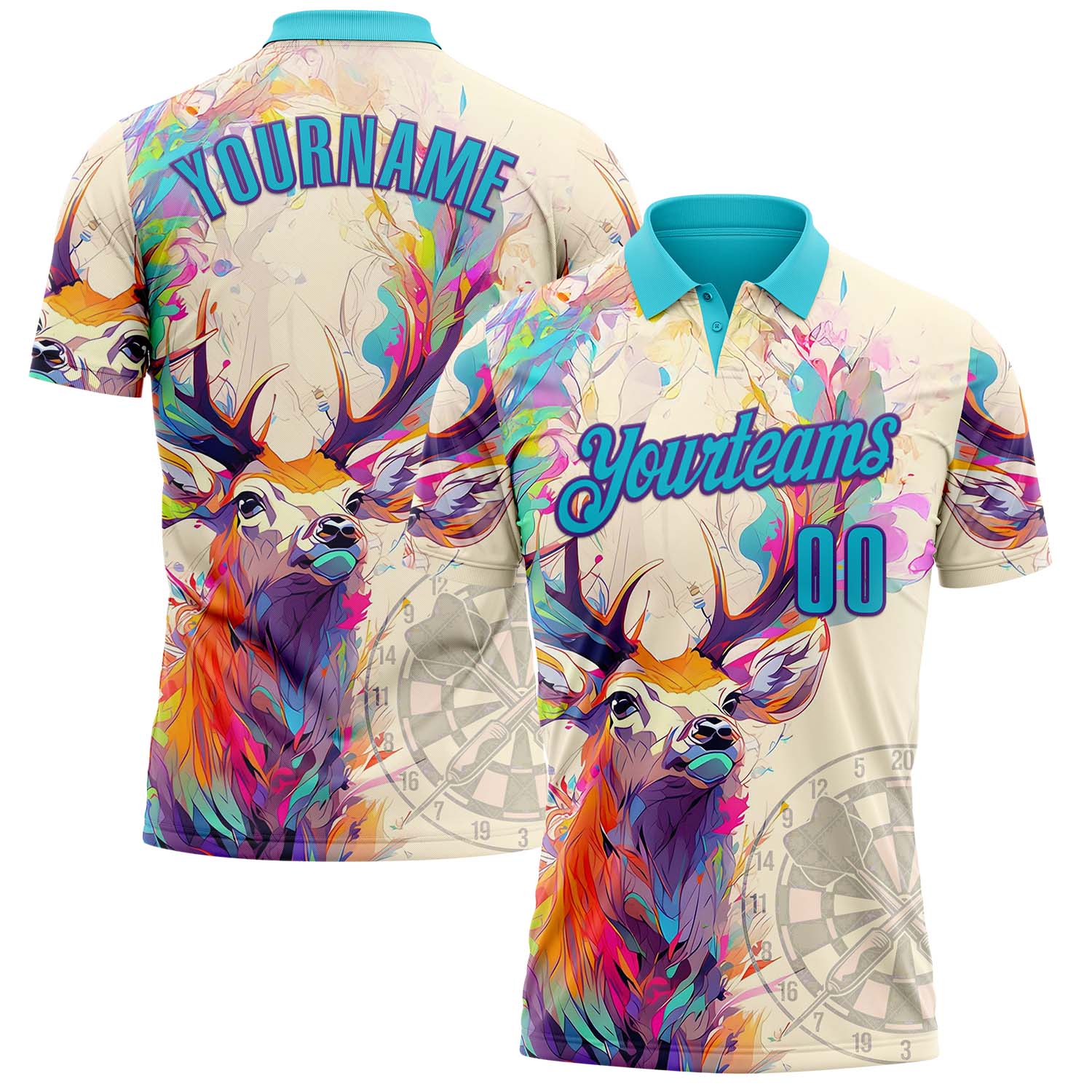 FansIdea Custom Cream Lakes Blue-Purple Darts Deer Dartboard Performance Polo Shirt - $19.99 at Proof Eyewear