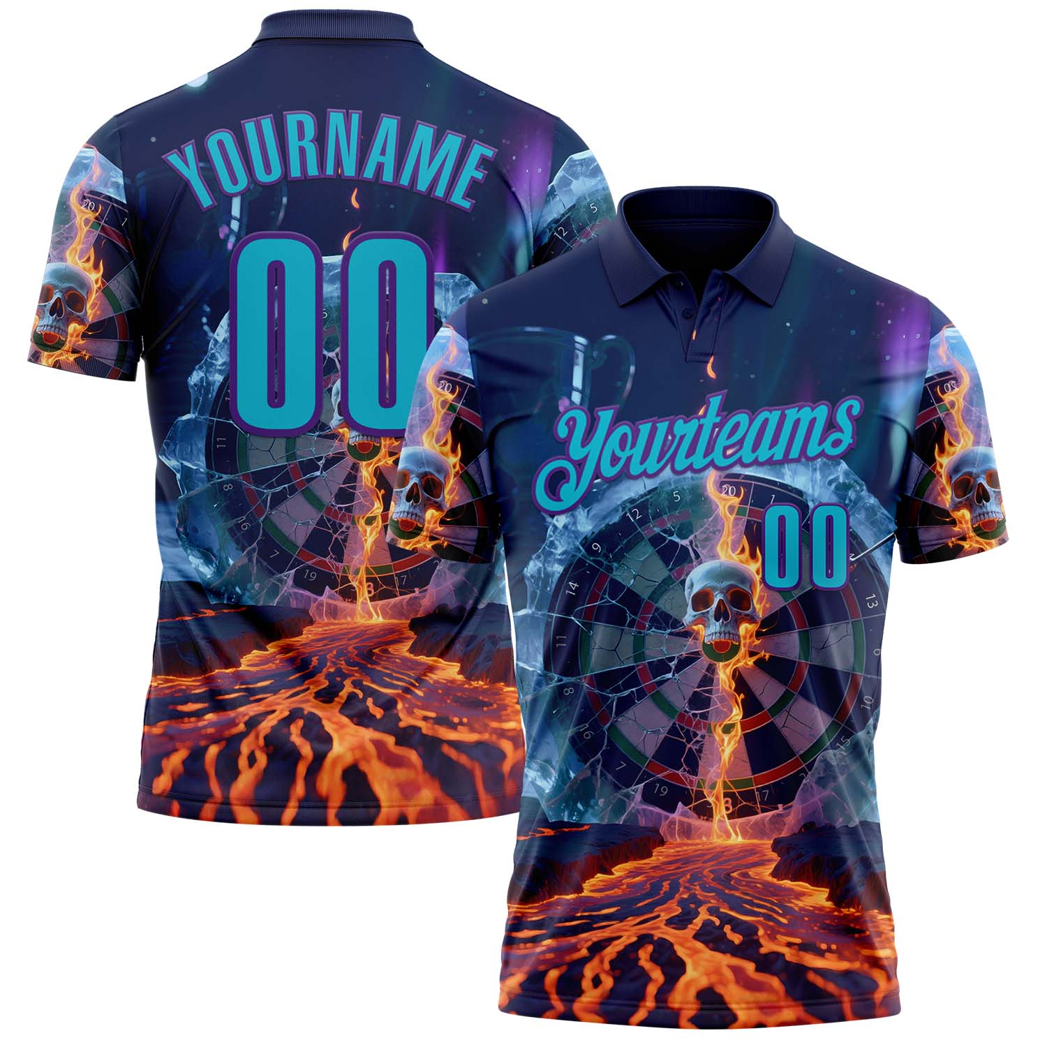 FansIdea Custom Navy Lakes Blue-Purple Darts Fire And Ice Skull Dartboard Performance Polo Shirt - $19.99 at Proof Eyewear