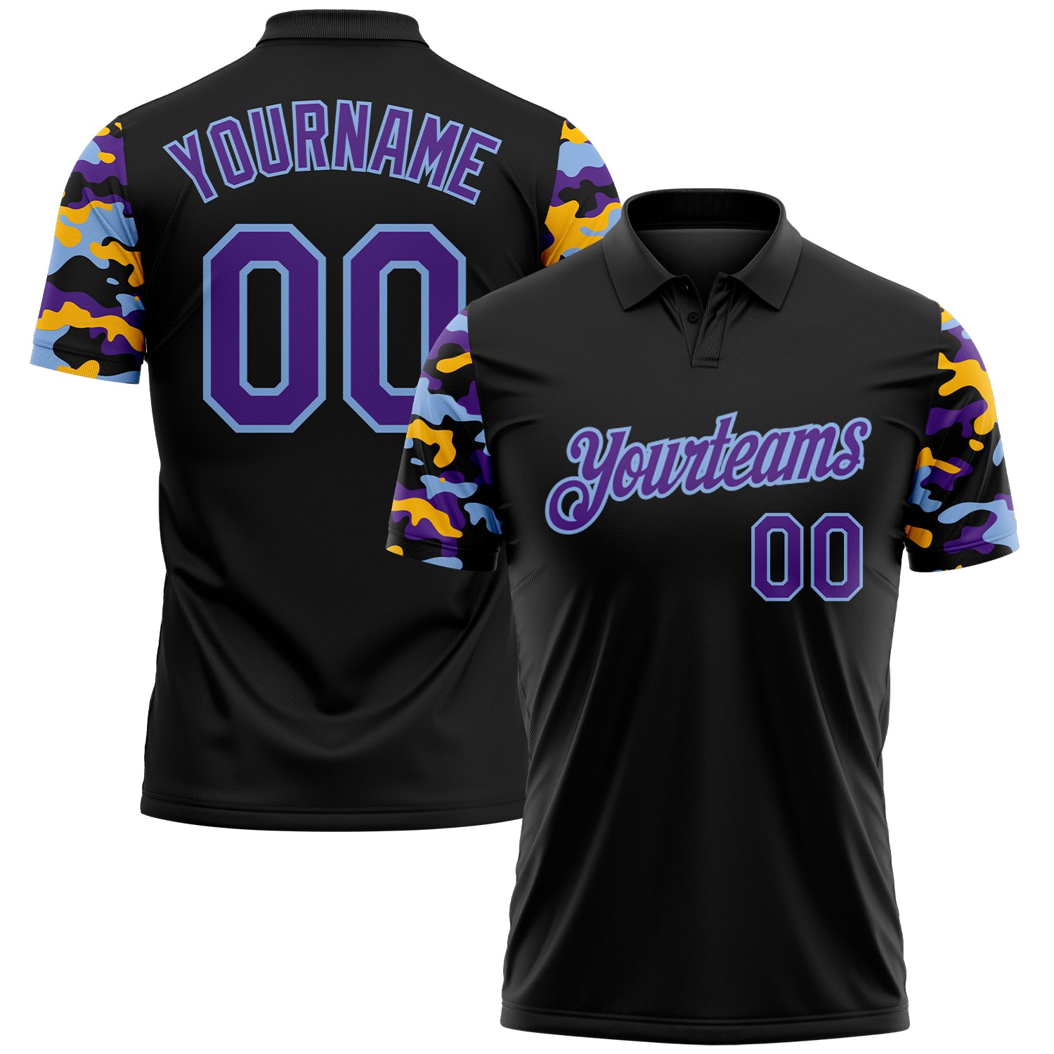 FansIdea Custom Black Purple Light Blue-Gold Digital Camo Two Tone Performance Polo Shirt - $19.99 at Proof Eyewear