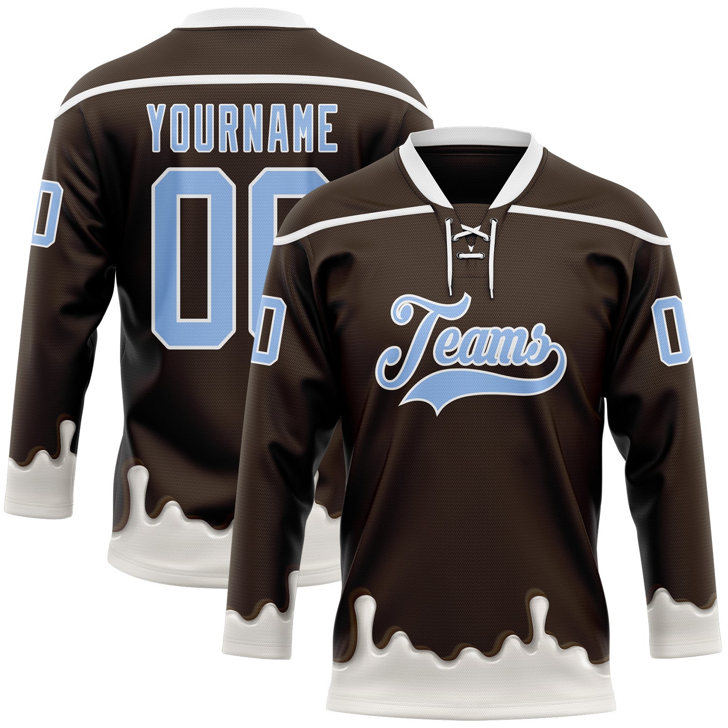 FansIdea Custom Brown Light Blue-White Melting Foodie Cream Lace Neck Hockey Jersey - $29.99 at Proof Eyewear