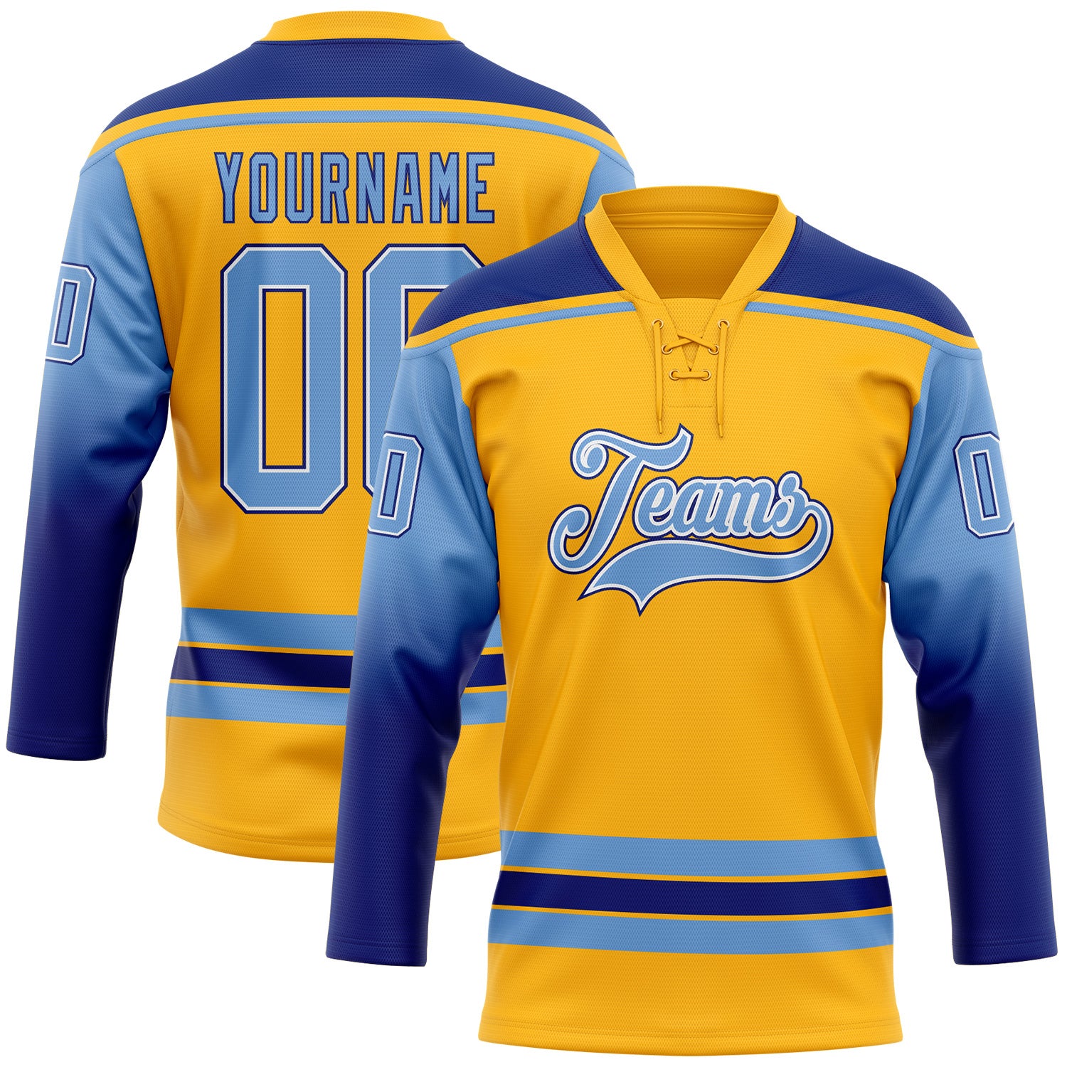 FansIdea Custom Gold Light Blue Royal-White Gradient Sleeves Lace Neck Hockey Jersey - $29.99 at Proof Eyewear
