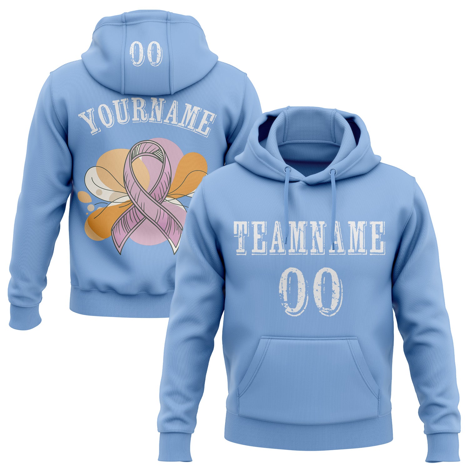 FansIdea Custom Light Blue White 3D Pink Ribbon Breast Cancer Awareness Women Health Care Support Sports Pullover Sweatshirt Hoodie - $32.99 at Proof Eyewear