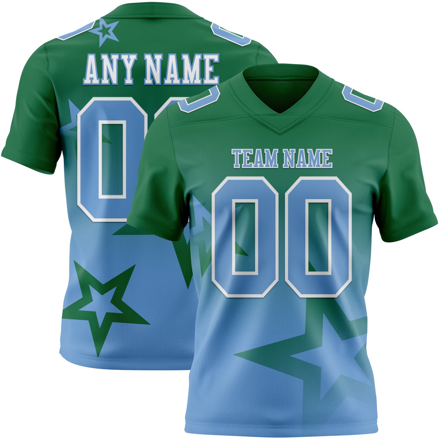 FansIdea Custom Kelly Green Light Blue-White Authentic Gradient Style Twinkle Star Football Jersey - $19.99 at Proof Eyewear
