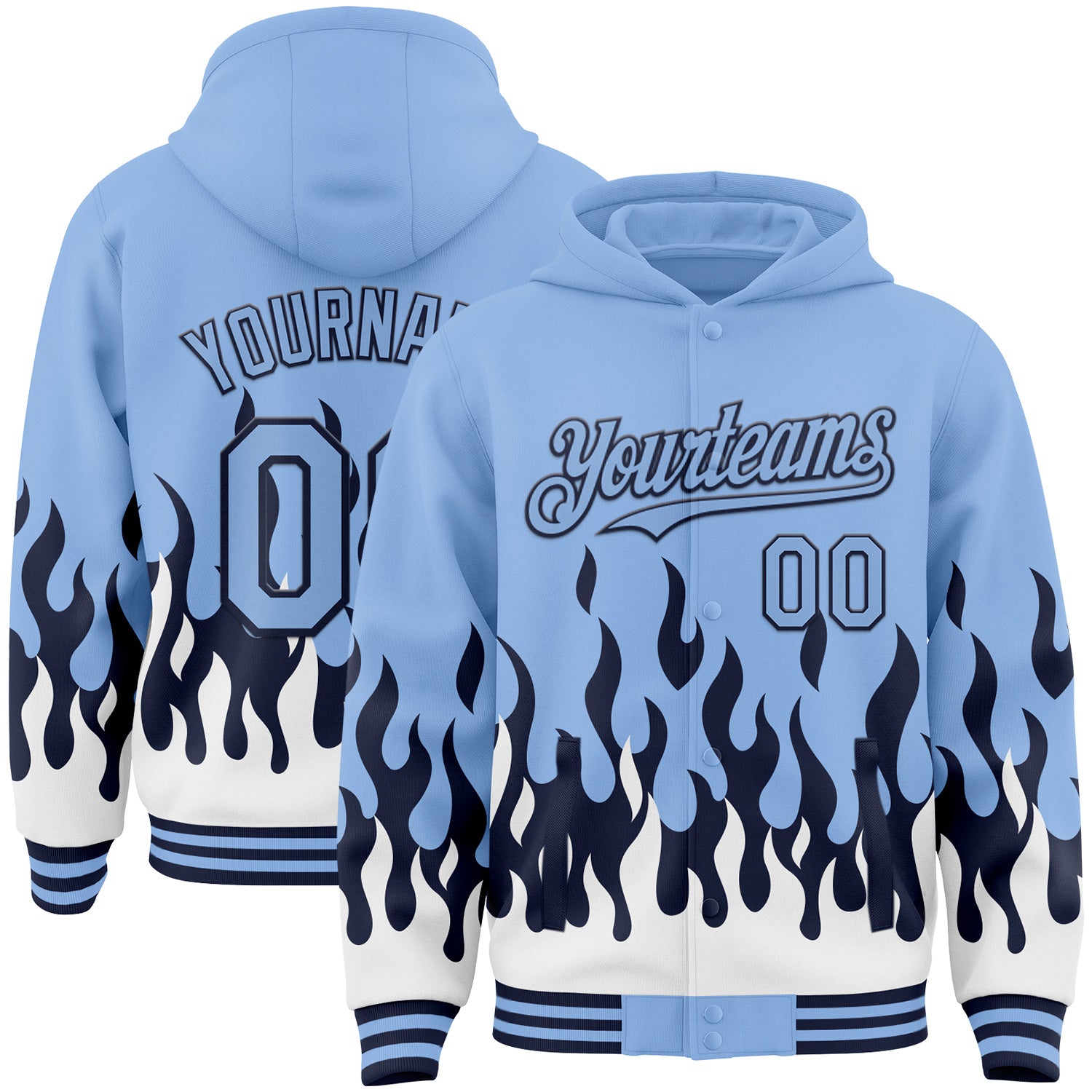 FansIdea Custom Light Blue Navy-White Fire Flame Bomber Full-Snap Varsity Letterman Hoodie Jacket - $38.99 at Proof Eyewear