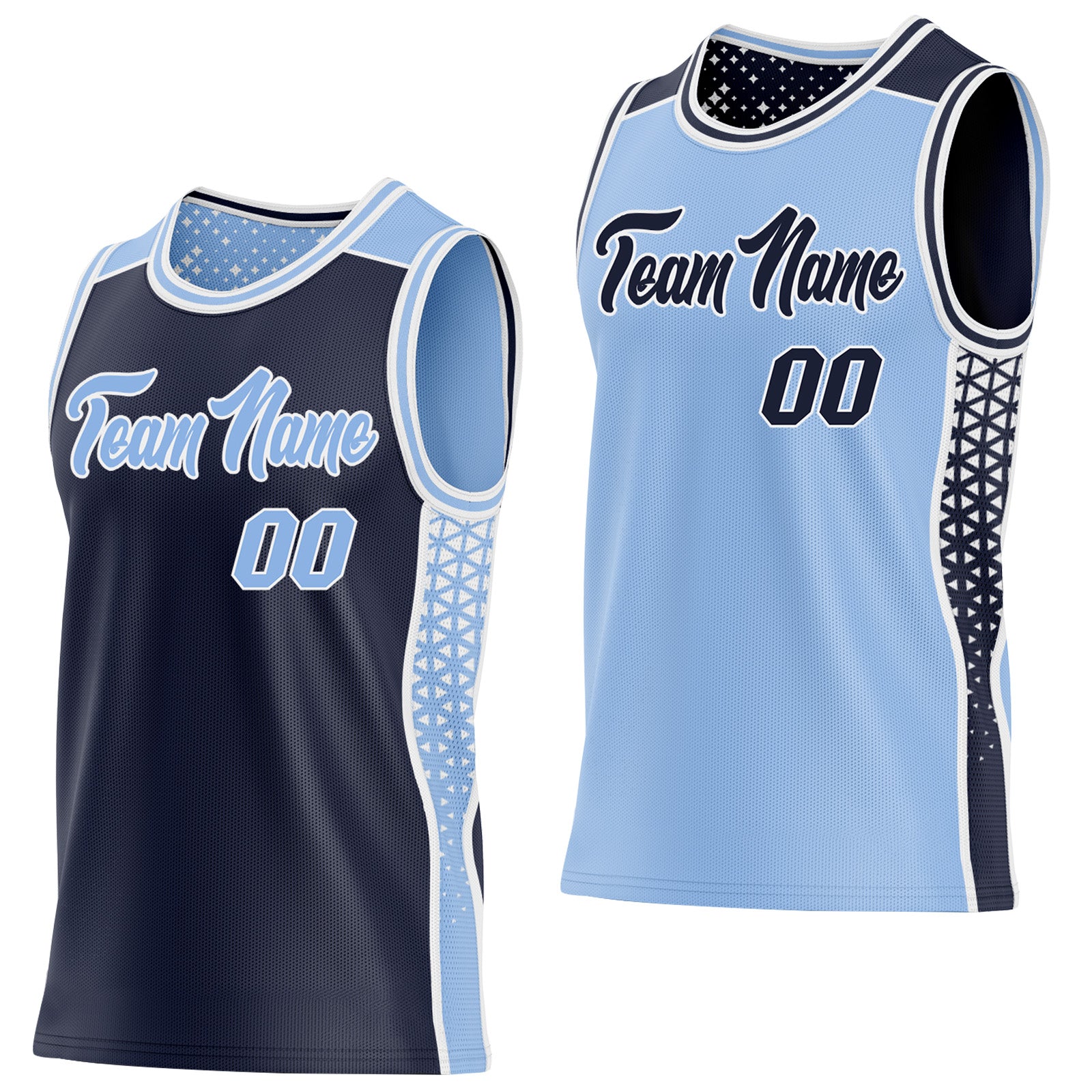 FansIdea Custom Navy Light Blue-White Side Panel Stripe Geometric Triangle Gradient Dot Reversible Double Side Sublimation Basketball Set Jersey - $17.99 at Proof Eyewear