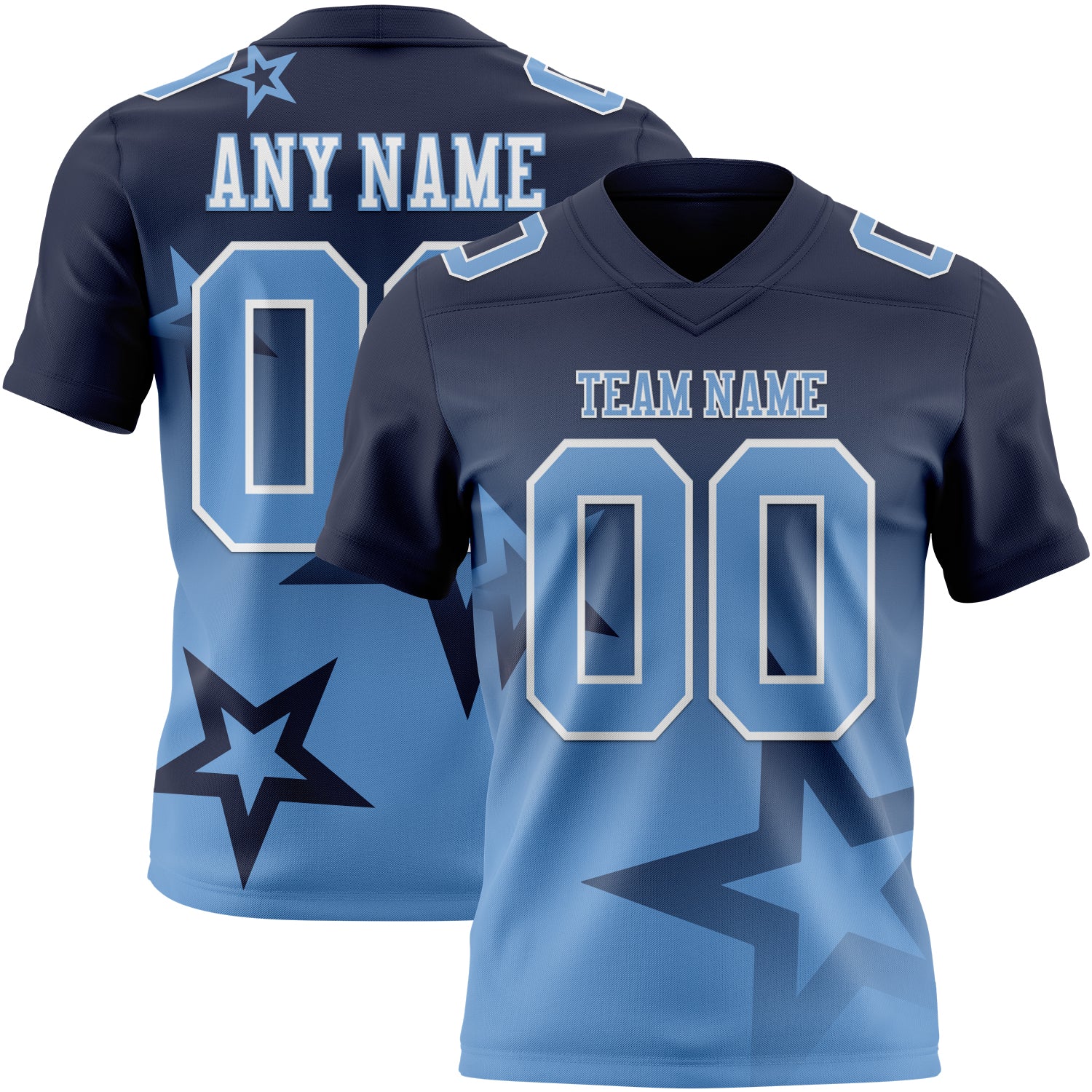 FansIdea Custom Navy Light Blue-White Authentic Gradient Style Twinkle Star Football Jersey - $19.99 at Proof Eyewear