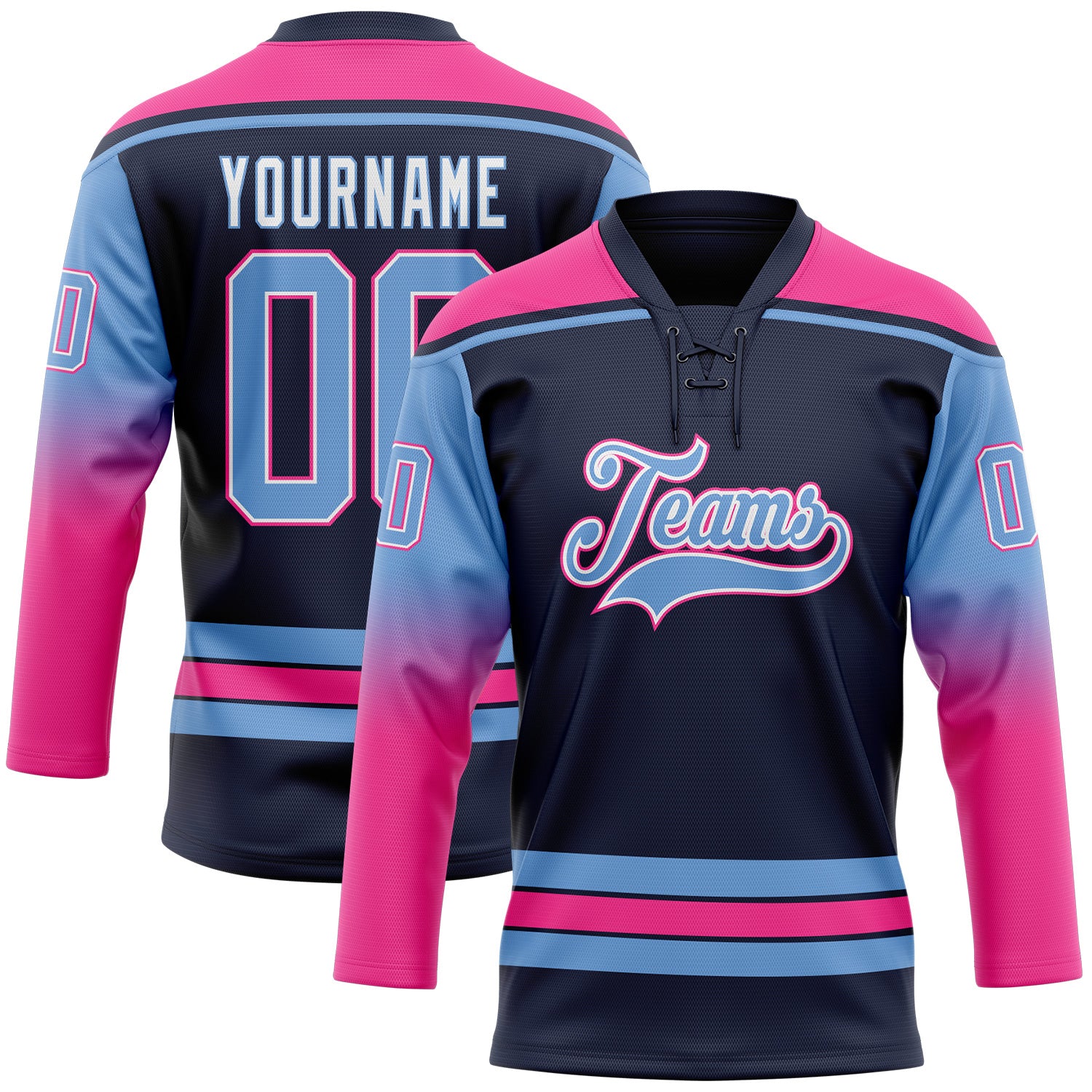 FansIdea Custom Navy Light Blue Pink-White Gradient Sleeves Lace Neck Hockey Jersey - $29.99 at Proof Eyewear