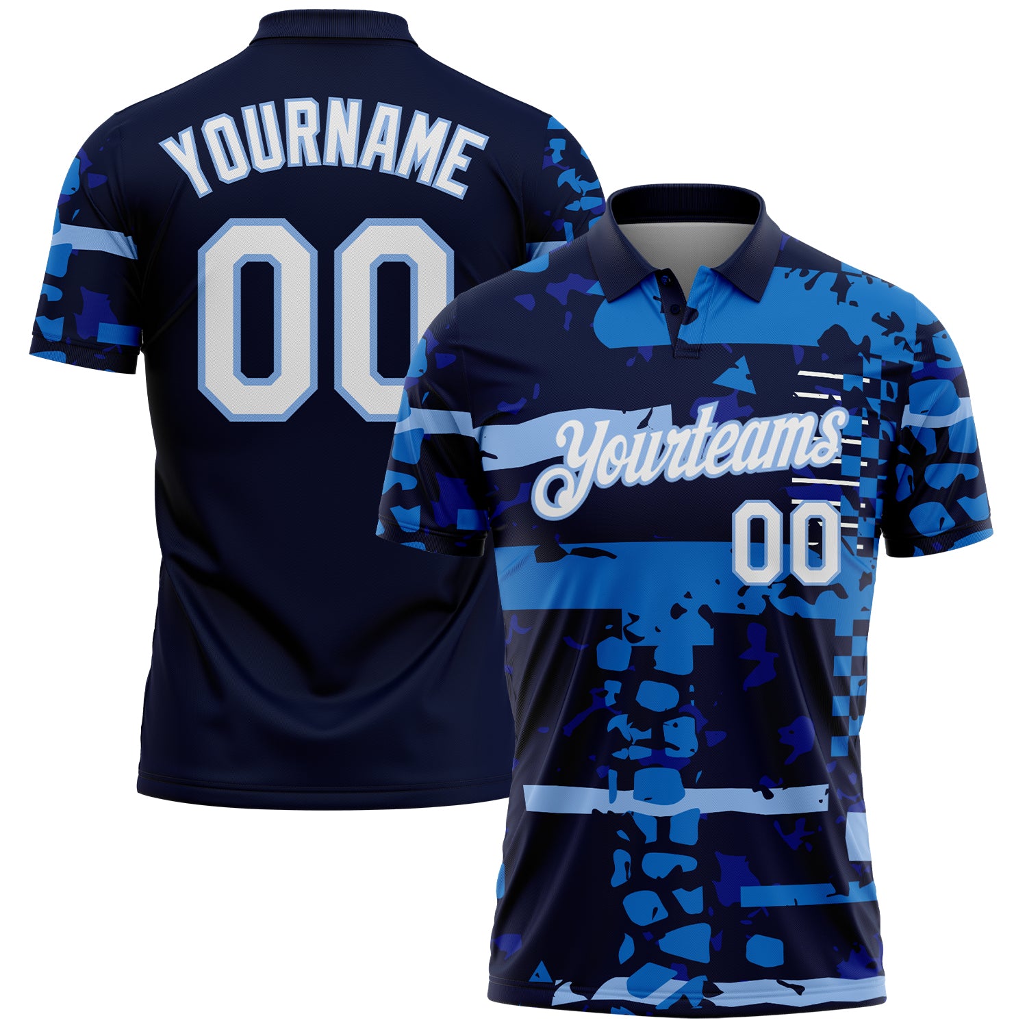 FansIdea Custom Navy White-Light Blue Abstract Geometric Grunge Fragment Performance Polo Shirt - $19.99 at Proof Eyewear