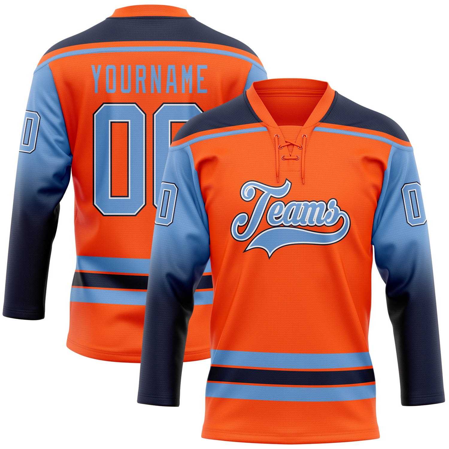 FansIdea Custom Orange Light Blue Navy-White Gradient Sleeves Lace Neck Hockey Jersey - $29.99 at Proof Eyewear