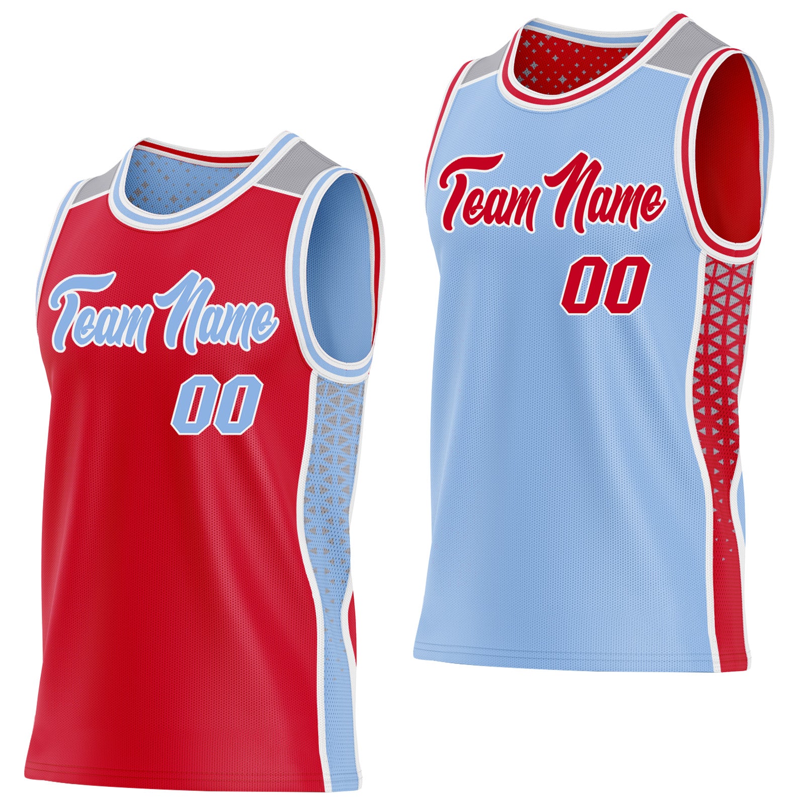 FansIdea Custom Red Light Blue White-Gray Side Panel Stripe Geometric Triangle Gradient Dot Reversible Double Side Sublimation Basketball Set Jersey - $17.99 at Proof Eyewear
