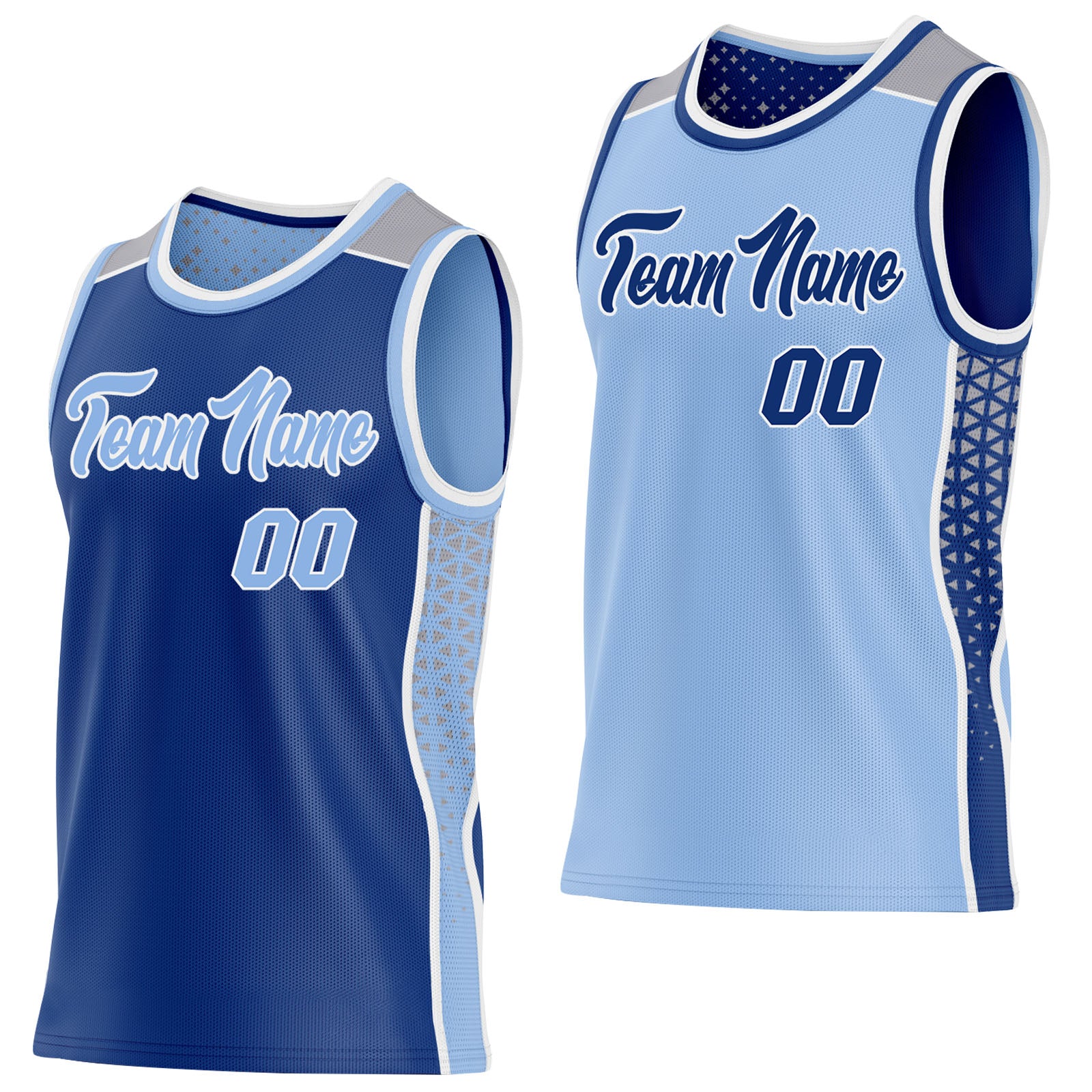 FansIdea Custom Royal Light Blue White-Gray Side Panel Stripe Geometric Triangle Gradient Dot Reversible Double Side Sublimation Basketball Set Jersey - $17.99 at Proof Eyewear