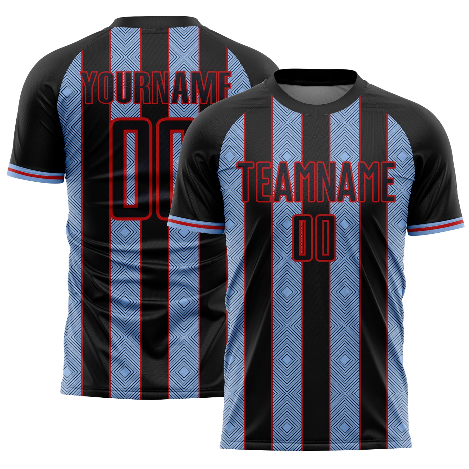 FansIdea Custom Black Light Blue-Red Pinstripe Line Sports Sublimation Soccer Uniform Jersey - $16.99 at Proof Eyewear
