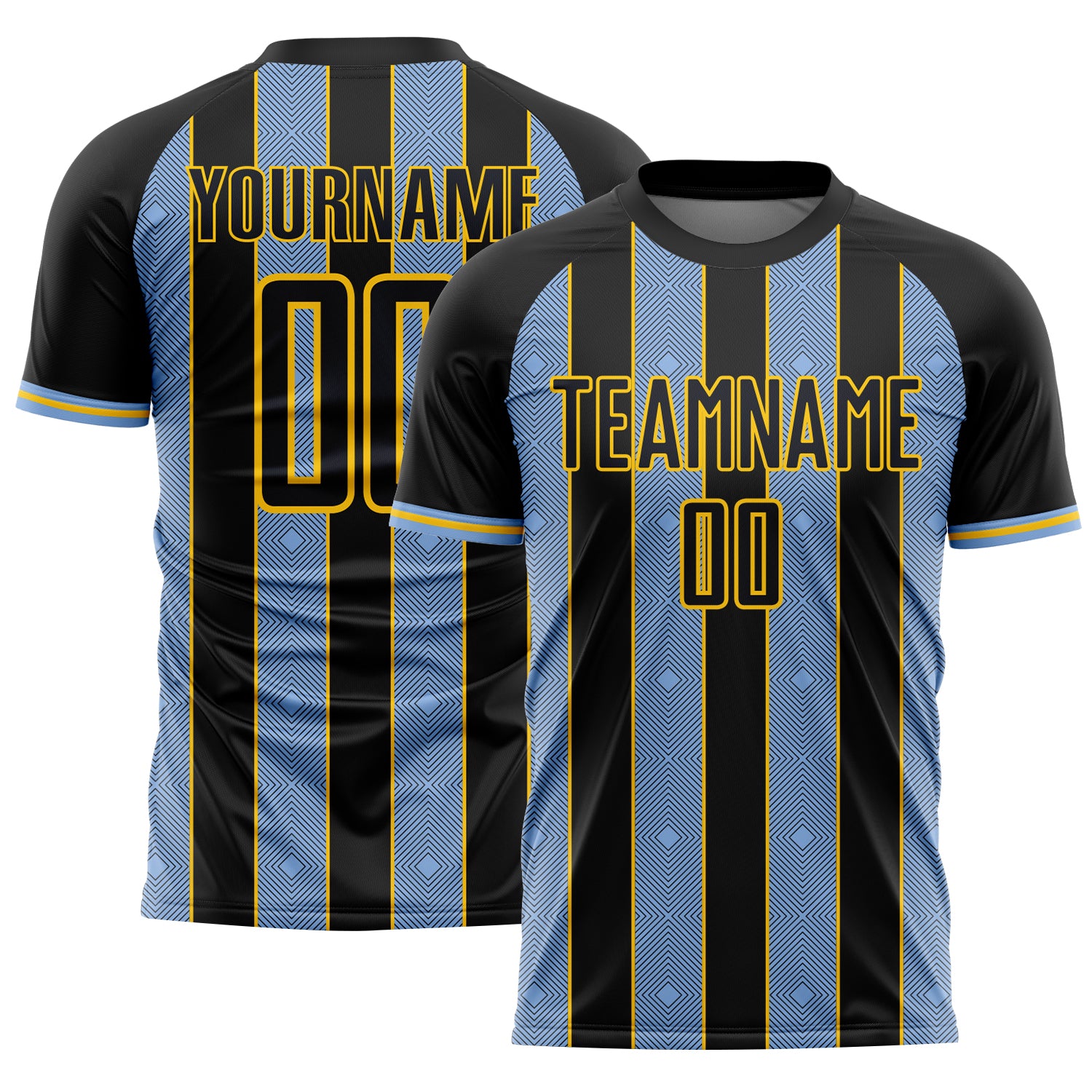 FansIdea Custom Black Light Blue-Yellow Pinstripe Line Sports Sublimation Soccer Uniform Jersey - $16.99 at Proof Eyewear