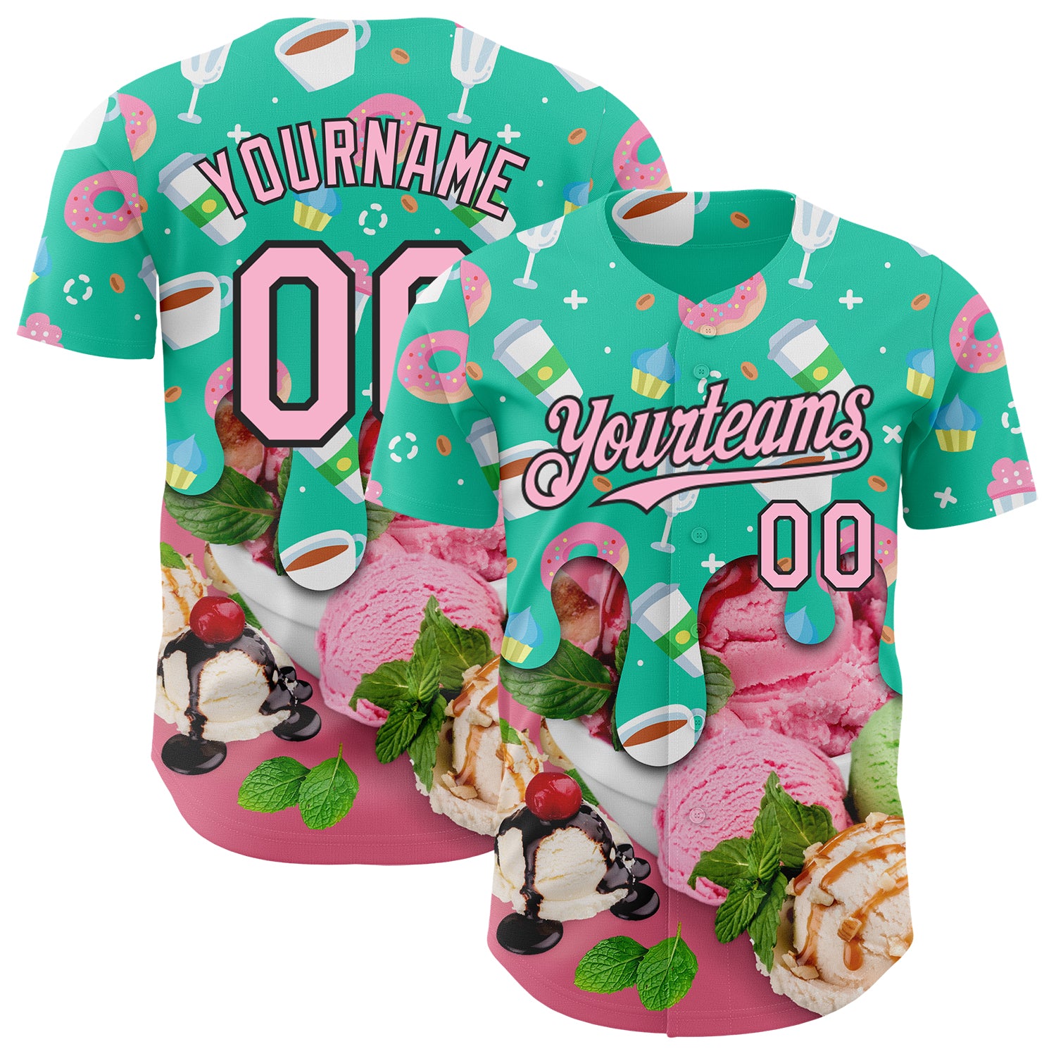 FansIdea Custom Aqua Light Pink-Black Ice Cream Cake Donut Foodie Dessert Authentic Baseball Jersey - $29.99 at Proof Eyewear