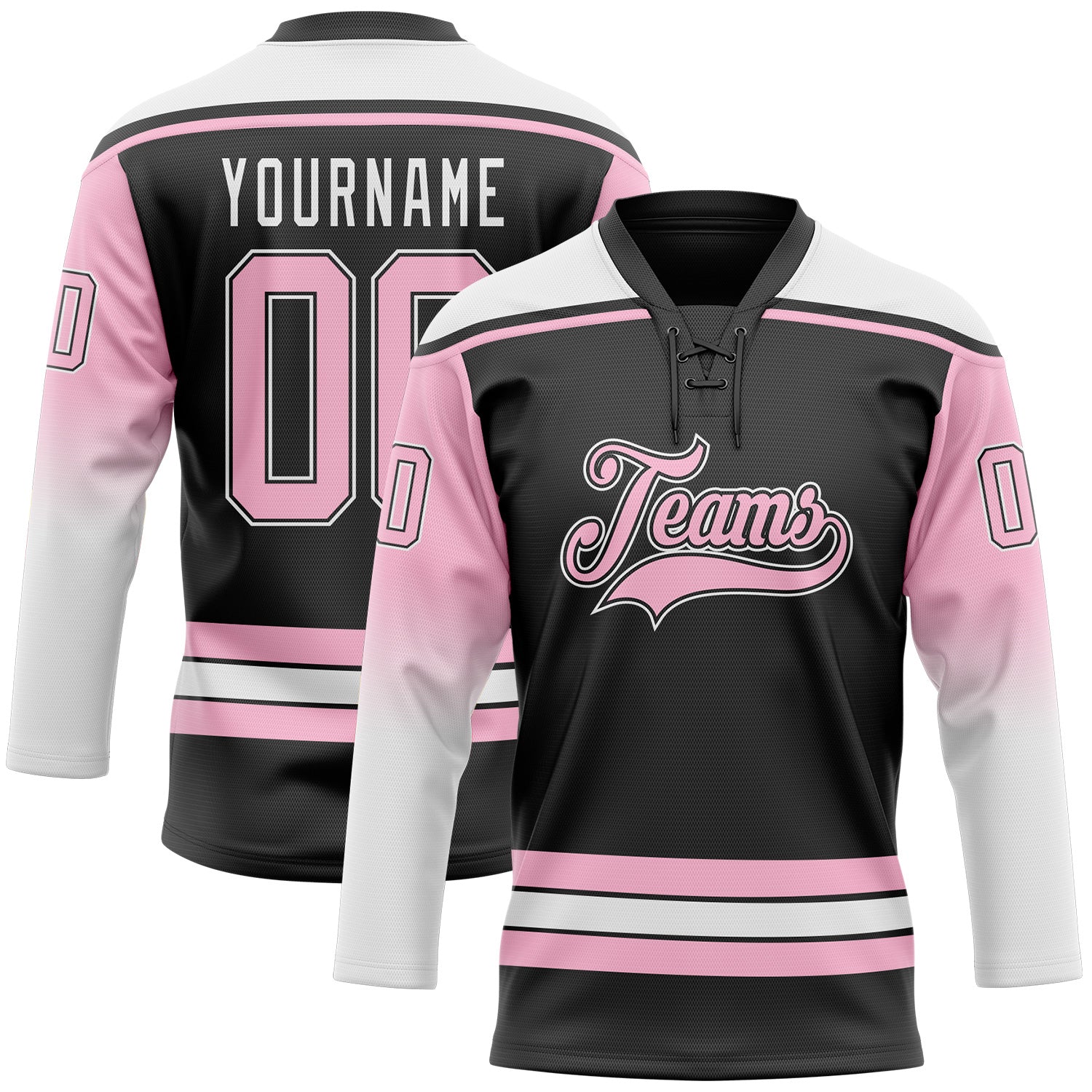 FansIdea Custom Black Light Pink-White Gradient Sleeves Lace Neck Hockey Jersey - $29.99 at Proof Eyewear