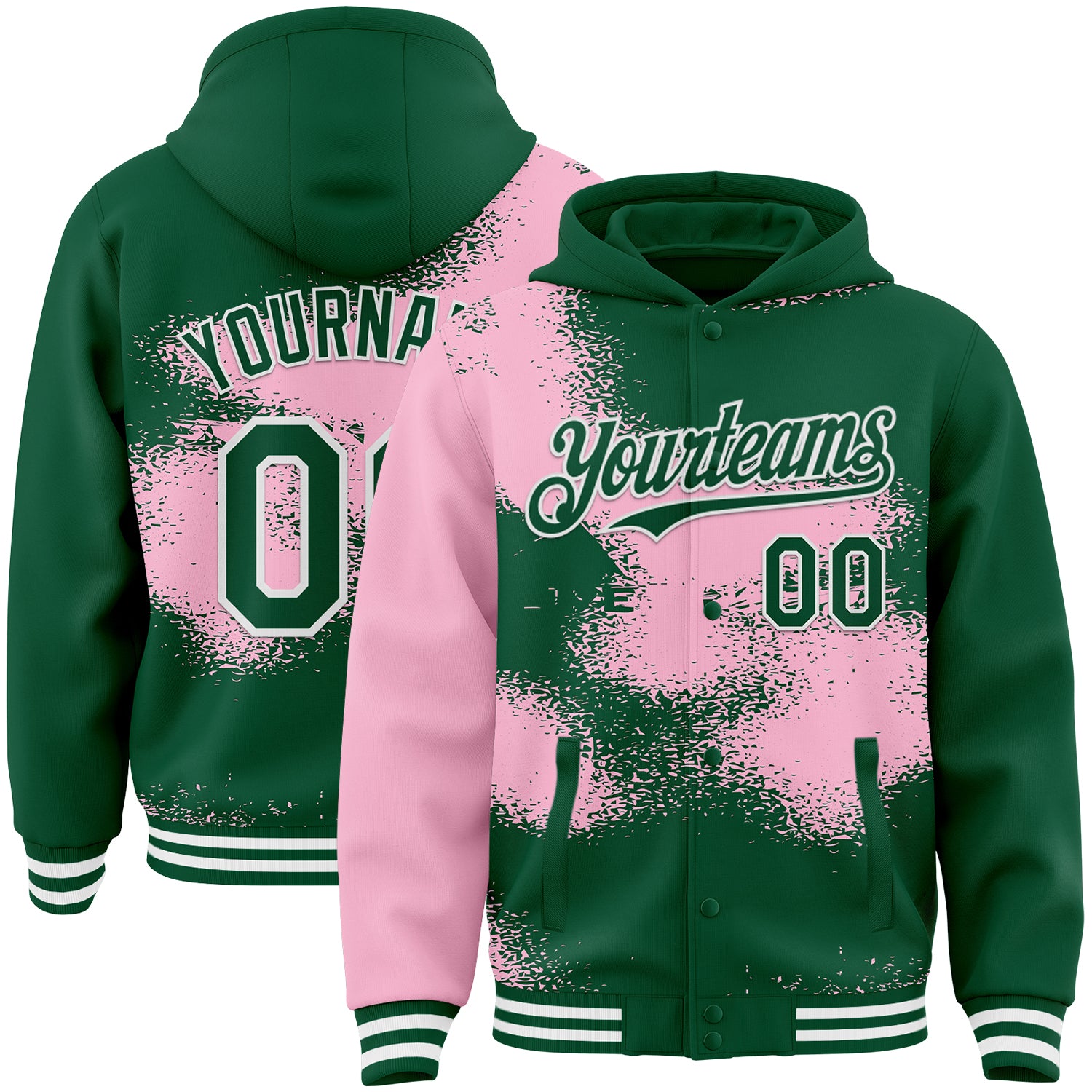 FansIdea Custom Kelly Green Light Pink-White Abstract Color Blocks Fragment Pattern Bomber Full-Snap Varsity Letterman Hoodie Jacket - $38.99 at Proof Eyewear