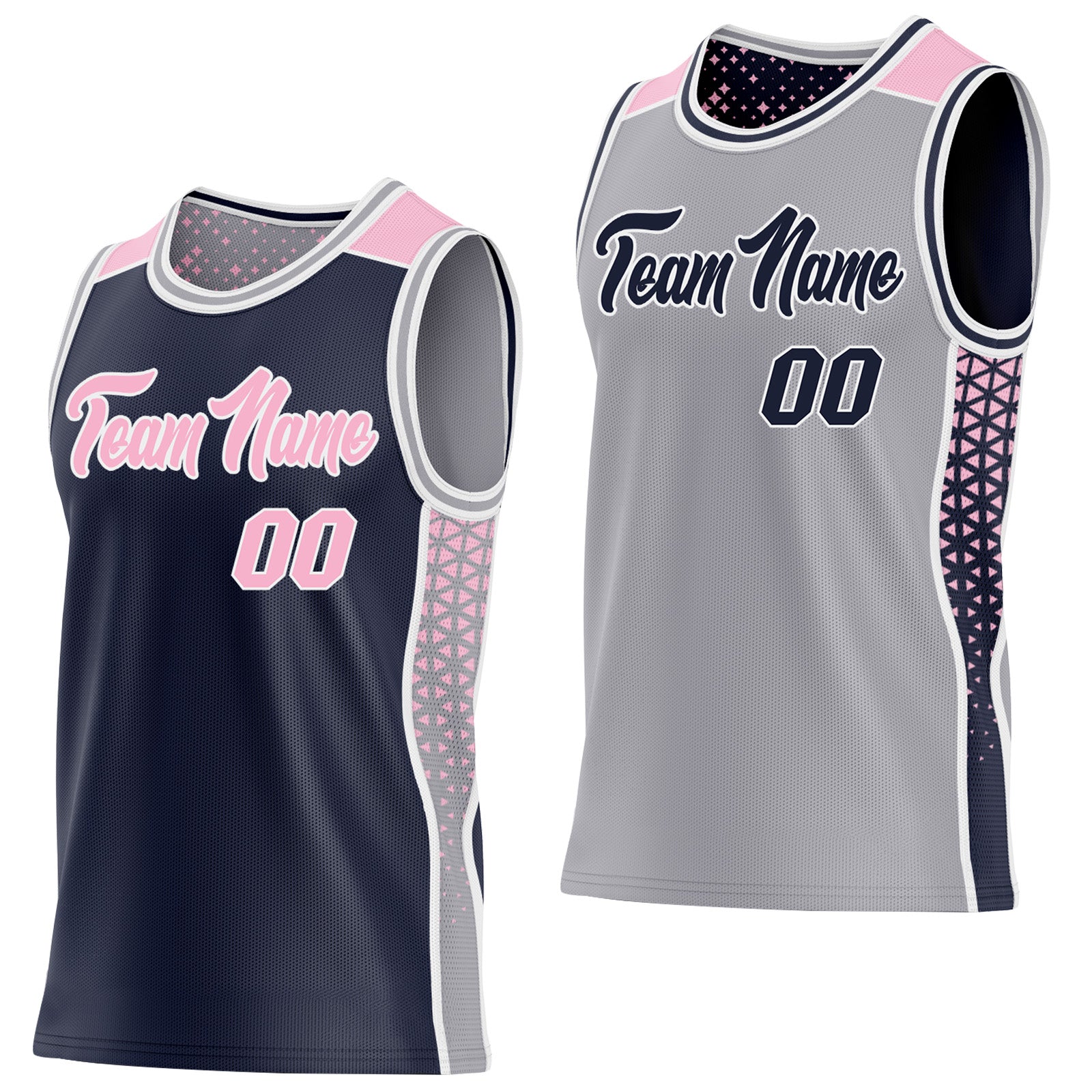 FansIdea Custom Navy Light Pink White-Gray Side Panel Stripe Geometric Triangle Gradient Dot Reversible Double Side Sublimation Basketball Set Jersey - $17.99 at Proof Eyewear