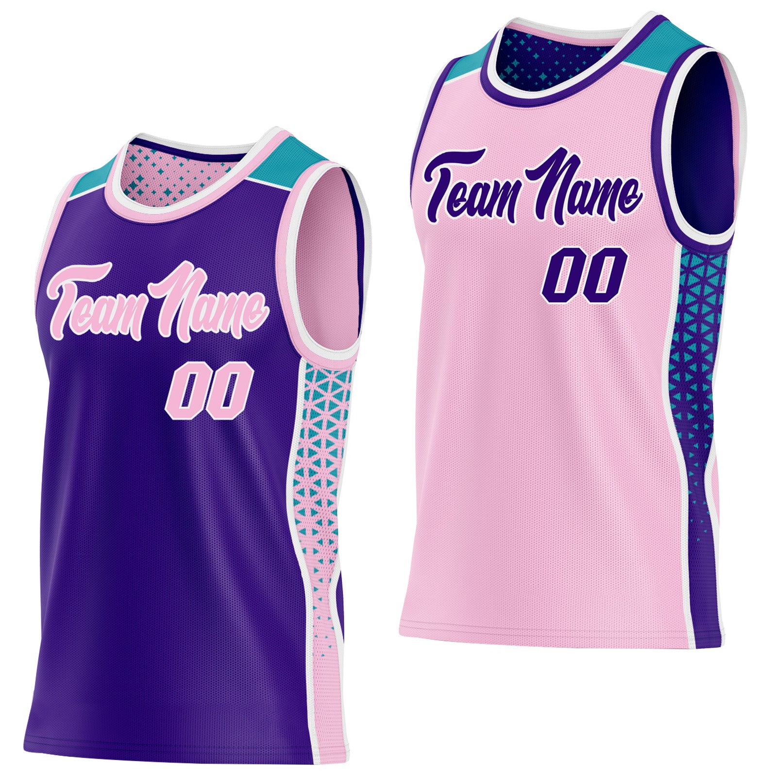 FansIdea Custom Purple Light Pink White-Teal Side Panel Stripe Geometric Triangle Gradient Dot Reversible Double Side Sublimation Basketball Set Jersey - $17.99 at Proof Eyewear