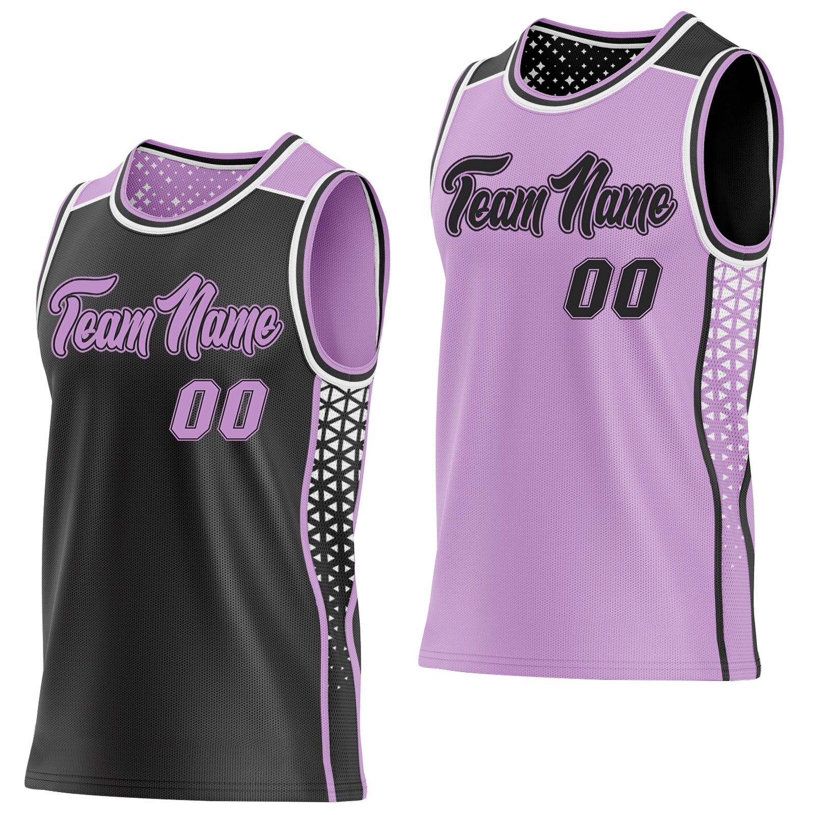 FansIdea Custom Black Light Purple-White Side Panel Stripe Geometric Triangle Gradient Dot Reversible Double Side Sublimation Basketball Set Jersey - $17.99 at Proof Eyewear
