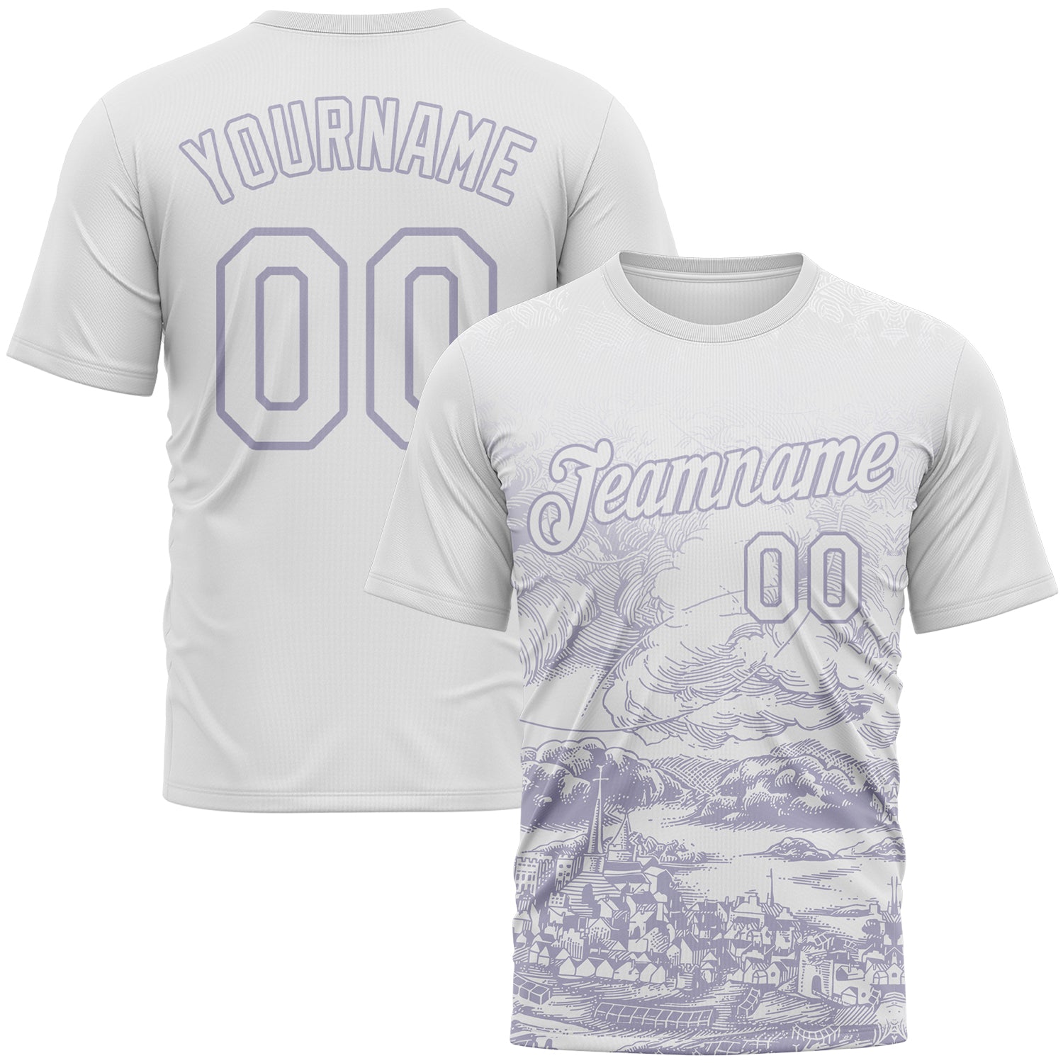 FansIdea Custom White-Light Purple Vintage Line Art Cityscape Performance T-Shirt - $14.99 at Proof Eyewear