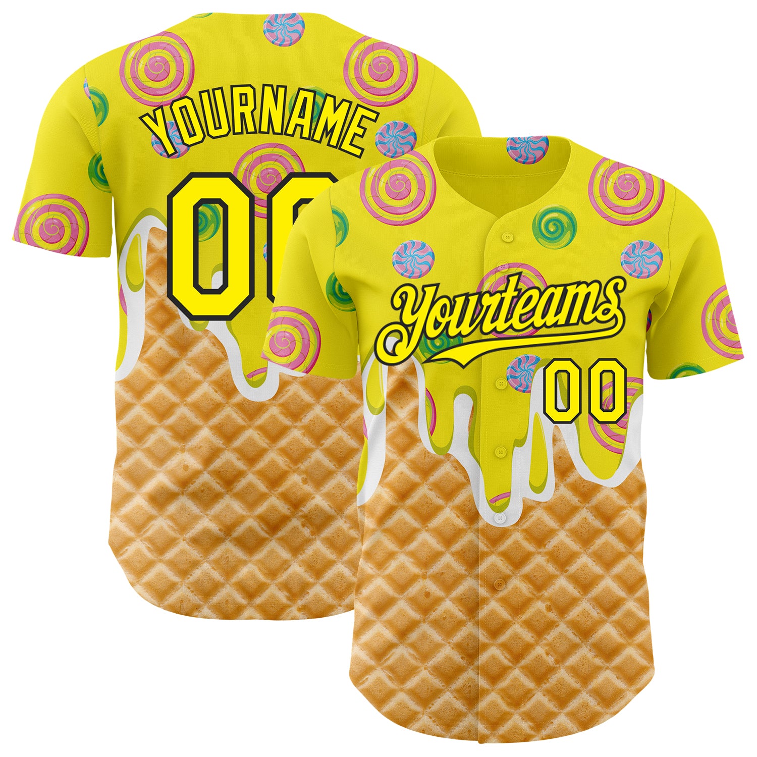FansIdea Custom Light Yellow-Black Ice Cream Waffle Donut  Foodie Dessert Authentic Baseball Jersey - $29.99 at Proof Eyewear