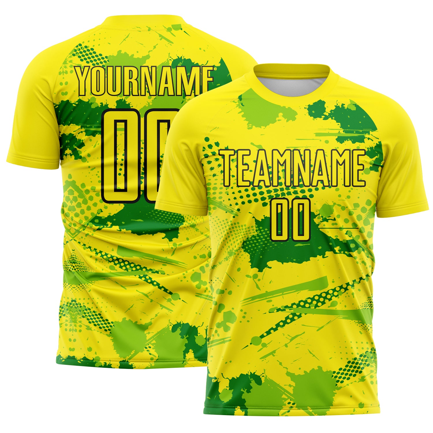 FansIdea Custom Light Yellow Grass Green Neon Green-Black Paint Splatter Halftone Dot Australia Style Sublimation Soccer Uniform Jersey - $16.99 at Proof Eyewear