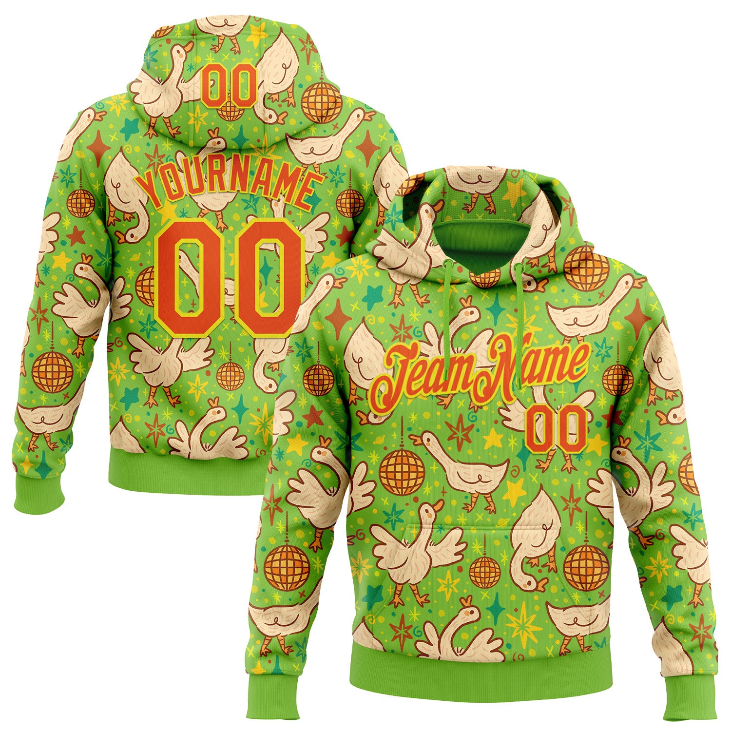 Fansidea-artist-collabs Custom Stitched Neon Green Orange-Light Yellow 3D Emi Bee Cosmic Disco Geese Sports Pullover Sweatshirt Hoodie - $37.99 at Proof Eyewear