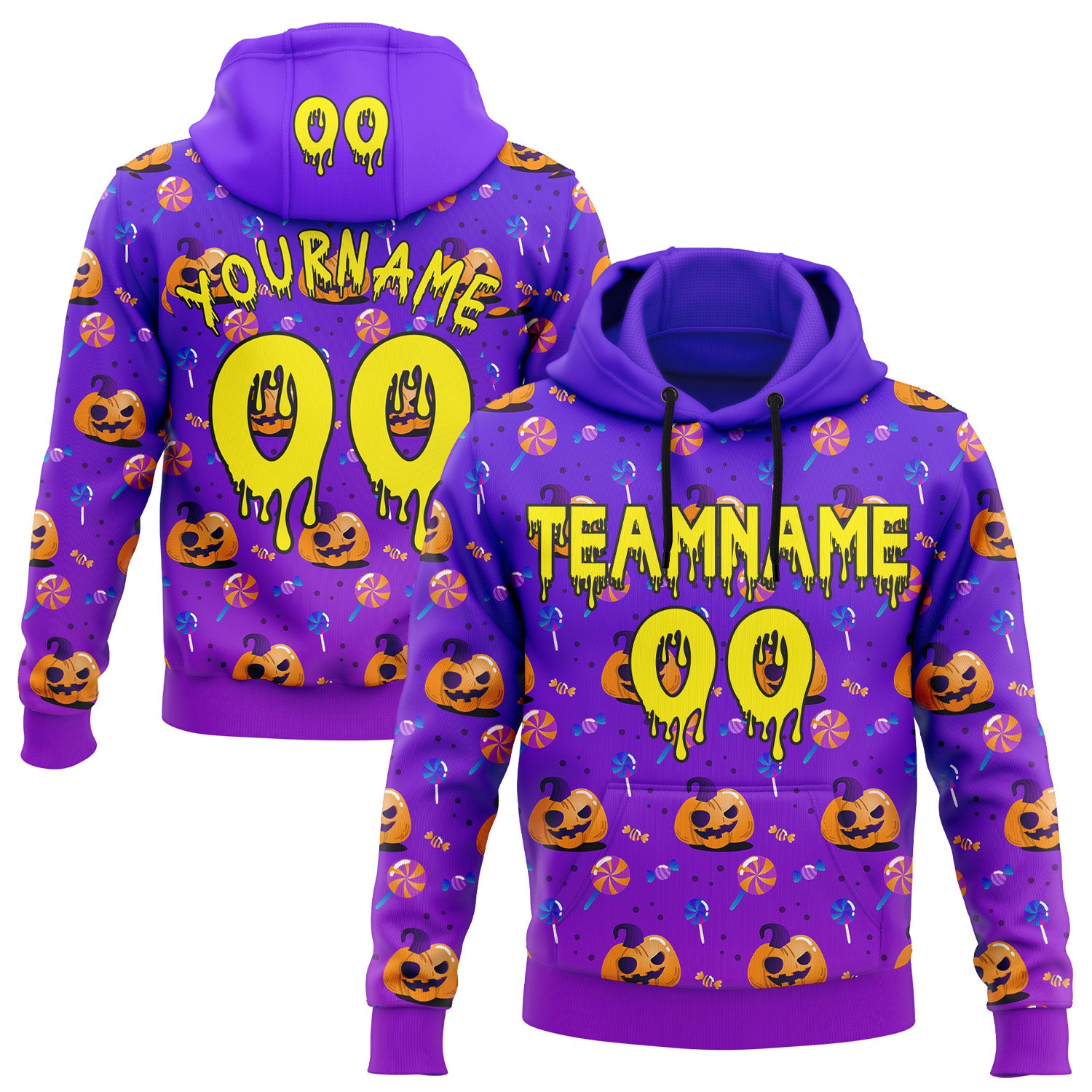 FansIdea Custom  Purple Light Yellow-Black Halloween Spooky Pumpkin Head & Candy Pullover Sweatshirt Hoodie - $32.99 at Proof Eyewear