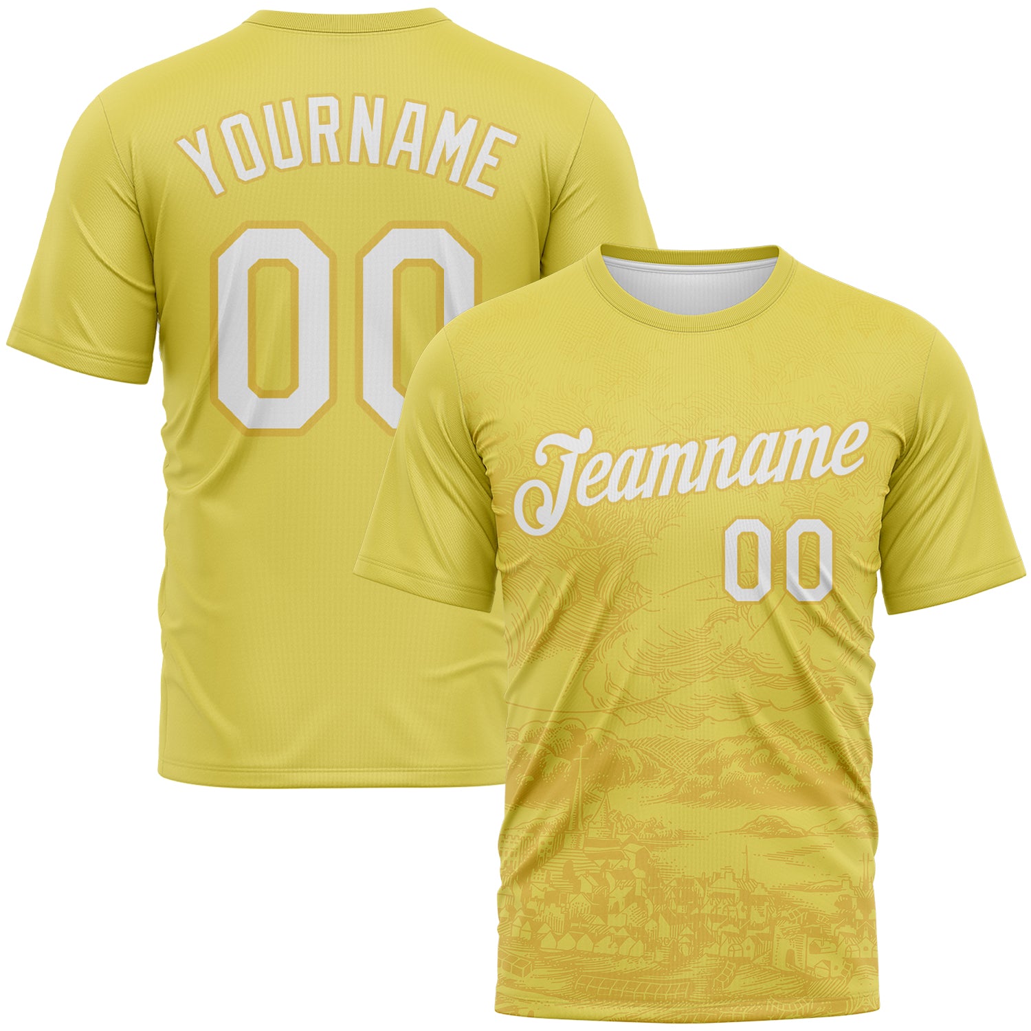 FansIdea Custom Light Yellow-White Vintage Line Art Cityscape Performance T-Shirt - $14.99 at Proof Eyewear
