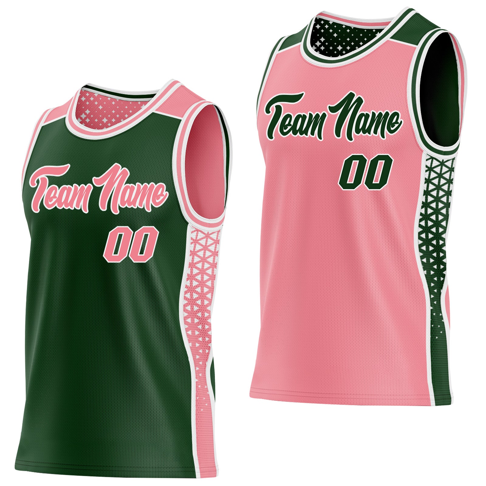 FansIdea Custom Green Medium Pink-White Side Panel Stripe Geometric Triangle Gradient Dot Reversible Double Side Sublimation Basketball Set Jersey - $17.99 at Proof Eyewear