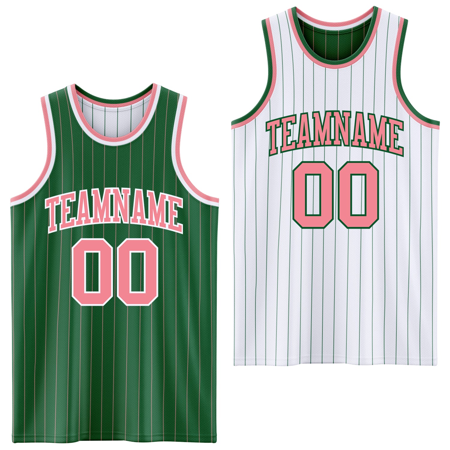 FansIdea Custom Kelly Green Medium Pink Pinstripe-White Reversible Double Side Sublimation Basketball Set Jersey - $17.99 at Proof Eyewear