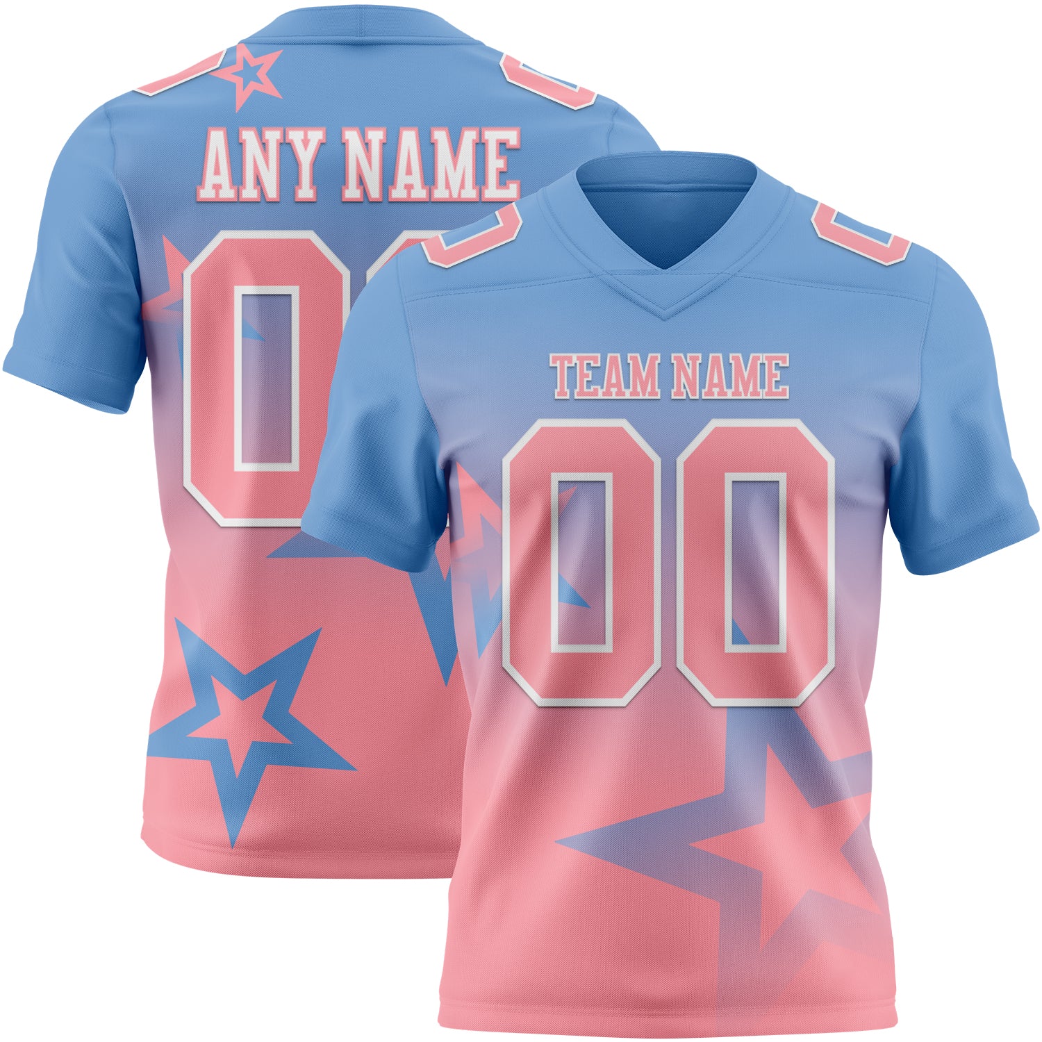 FansIdea Custom Light Blue Medium Pink-White Authentic Gradient Style Twinkle Star Football Jersey - $19.99 at Proof Eyewear