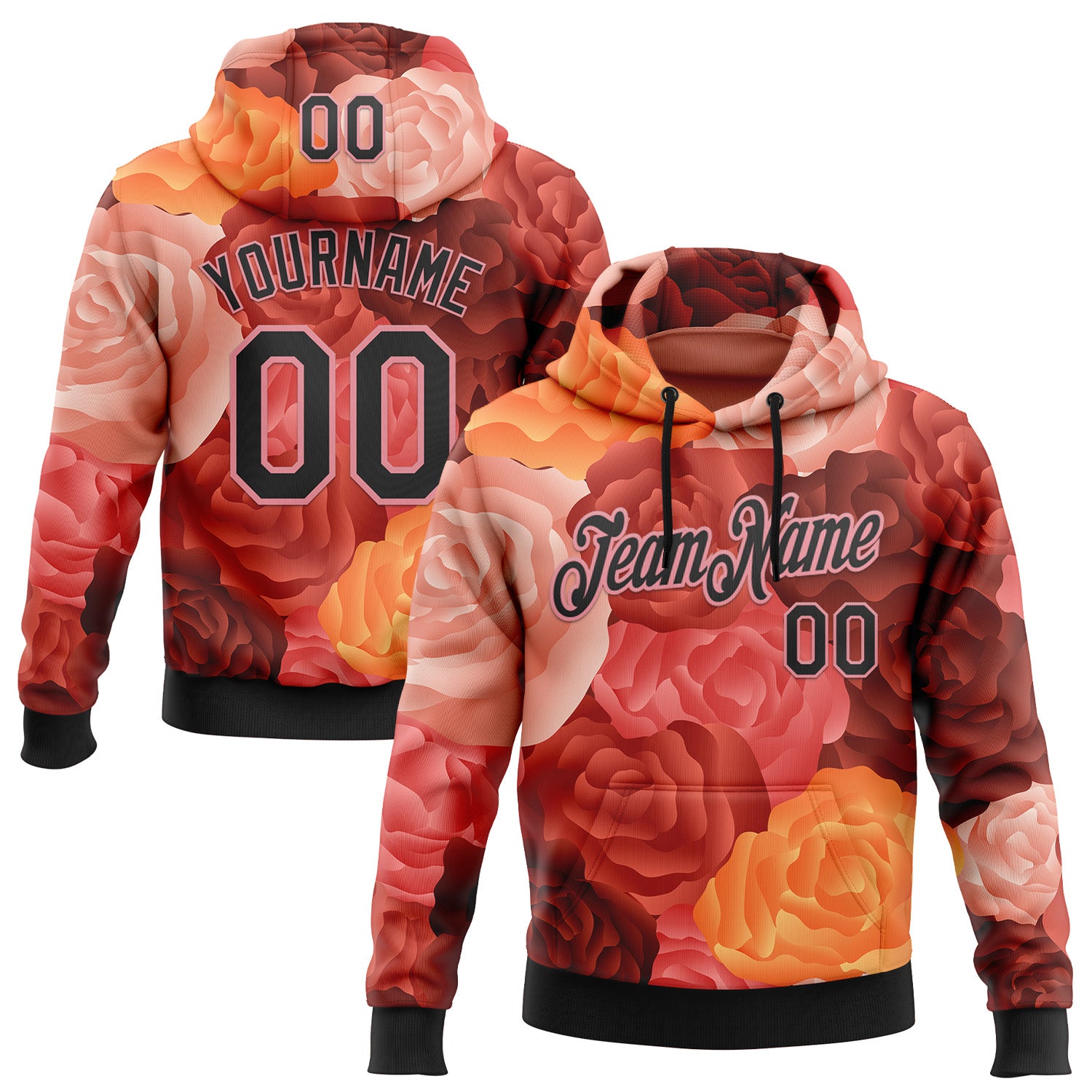 Custom Stitched Red Black-Medium Pink 3D Ambartive Rose Pattern Sports Pullover Sweatshirt Hoodie