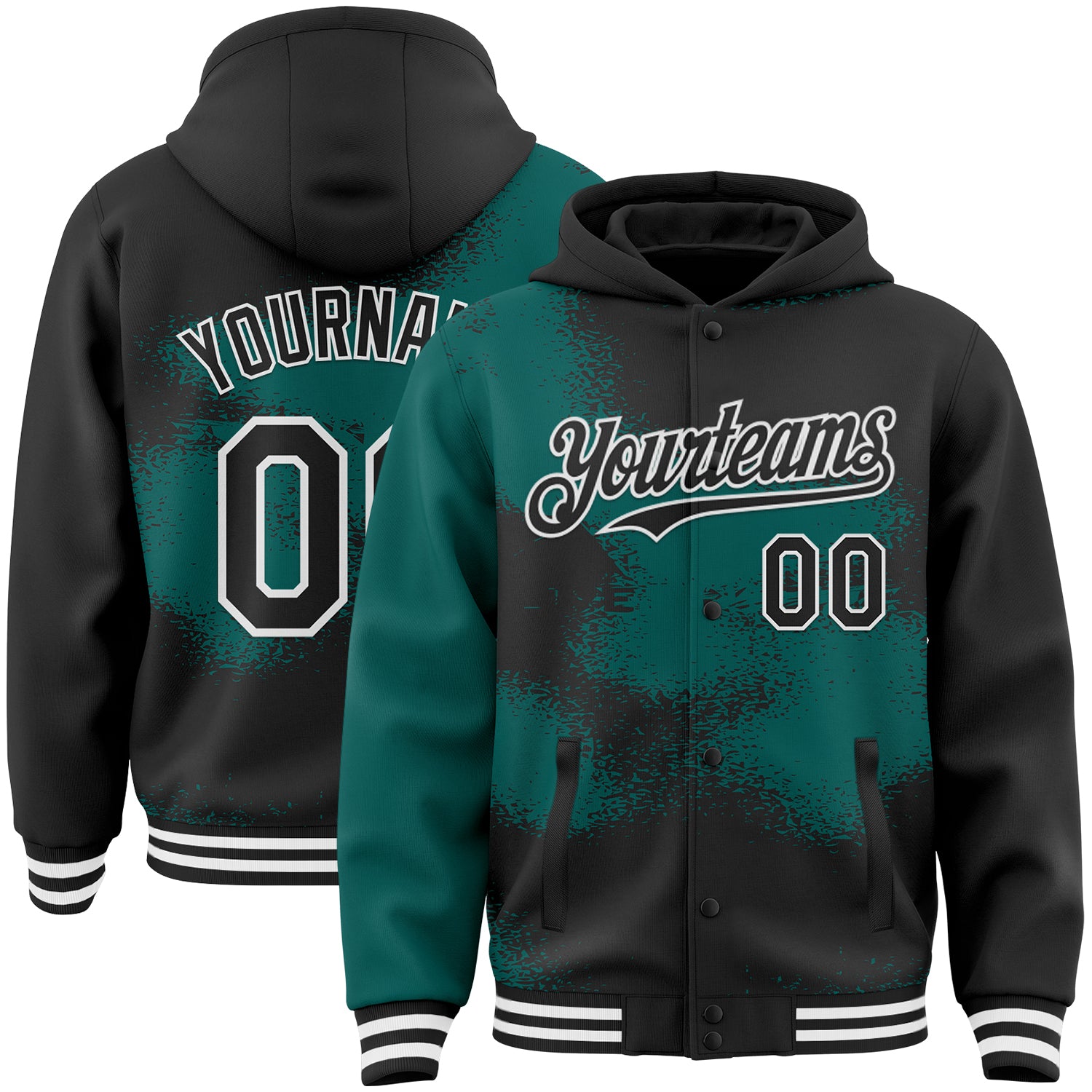 FansIdea Custom Black Midnight Green-White Abstract Color Blocks Fragment Pattern Bomber Full-Snap Varsity Letterman Hoodie Jacket - $38.99 at Proof Eyewear