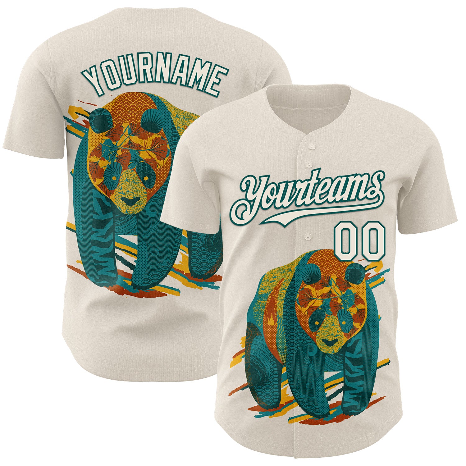 Custom Cream Cream-Midnight Green 3D Tobe Fonseca Colorful Tattooed Panda Textures Authentic Baseball Jersey