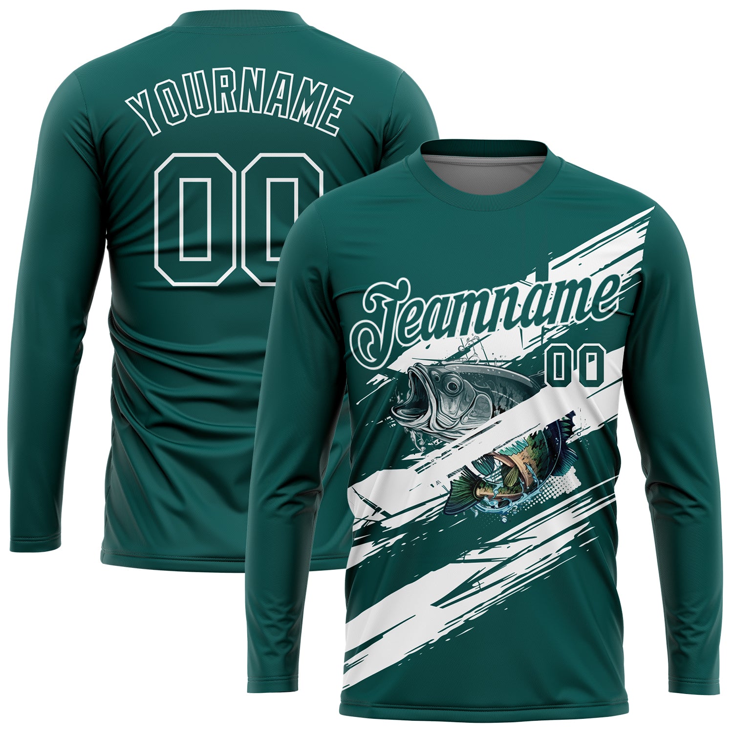 FansIdea Custom Midnight Green-White Fishing Bass Fish Long Sleeve Performance T-Shirt - $16.99 at Proof Eyewear