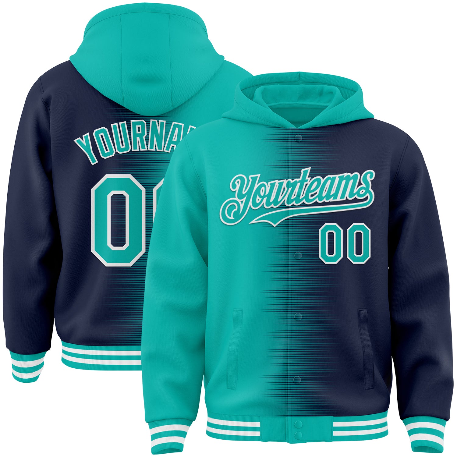FansIdea Custom Aqua Navy-White Gradient Line Bomber Full-Snap Varsity Letterman Hoodie Jacket - $38.99 at Proof Eyewear